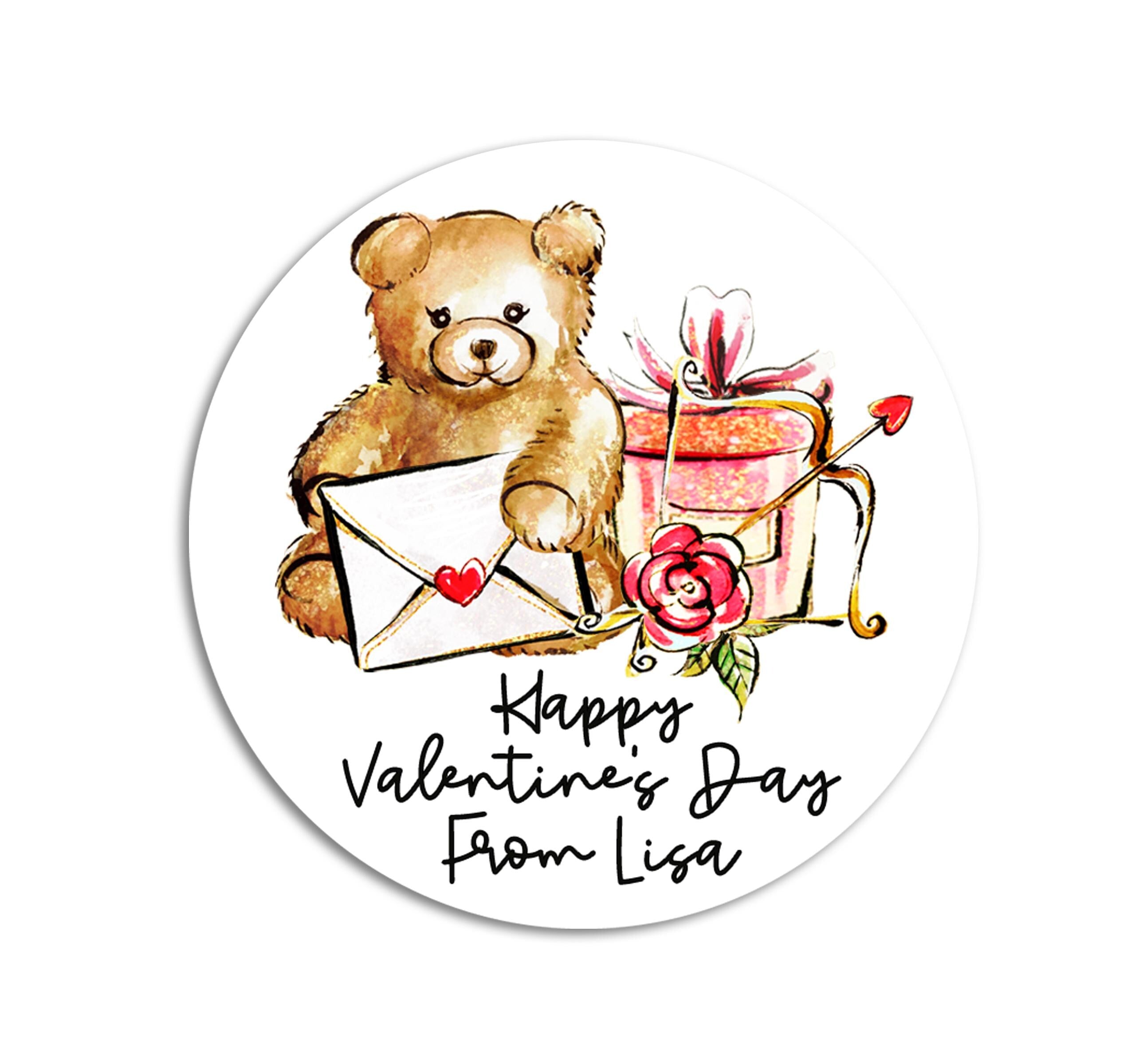 Teddy Bear Valentines Day Stickers - Personalized  Valentine Round Sticker Labels - Classroom Valentines for School