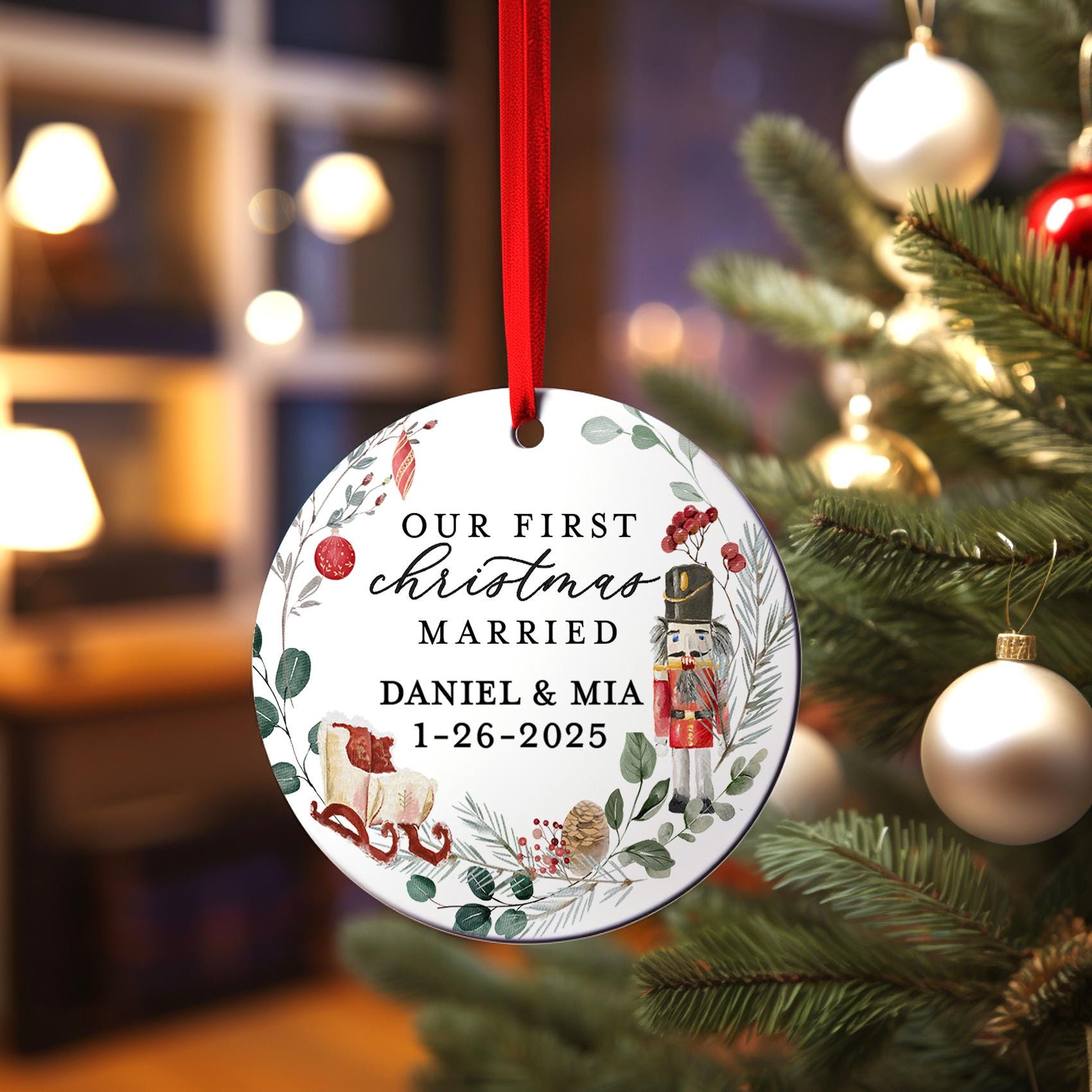 First Christmas Married Ornament - Mr and Mrs | Personalized Wooden Soldier Wreath Ornament