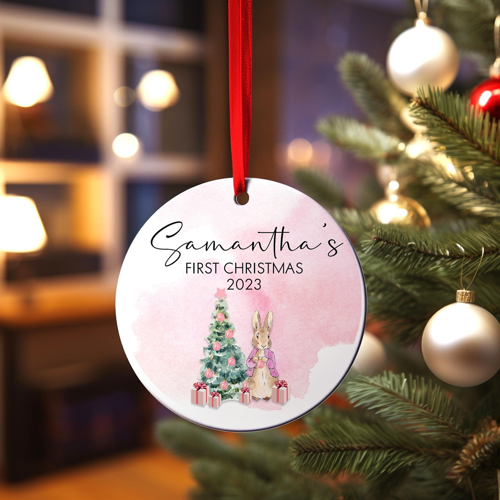 First Christmas Pink Rabbit Ornament, Personalized Baby Girls First Christmas