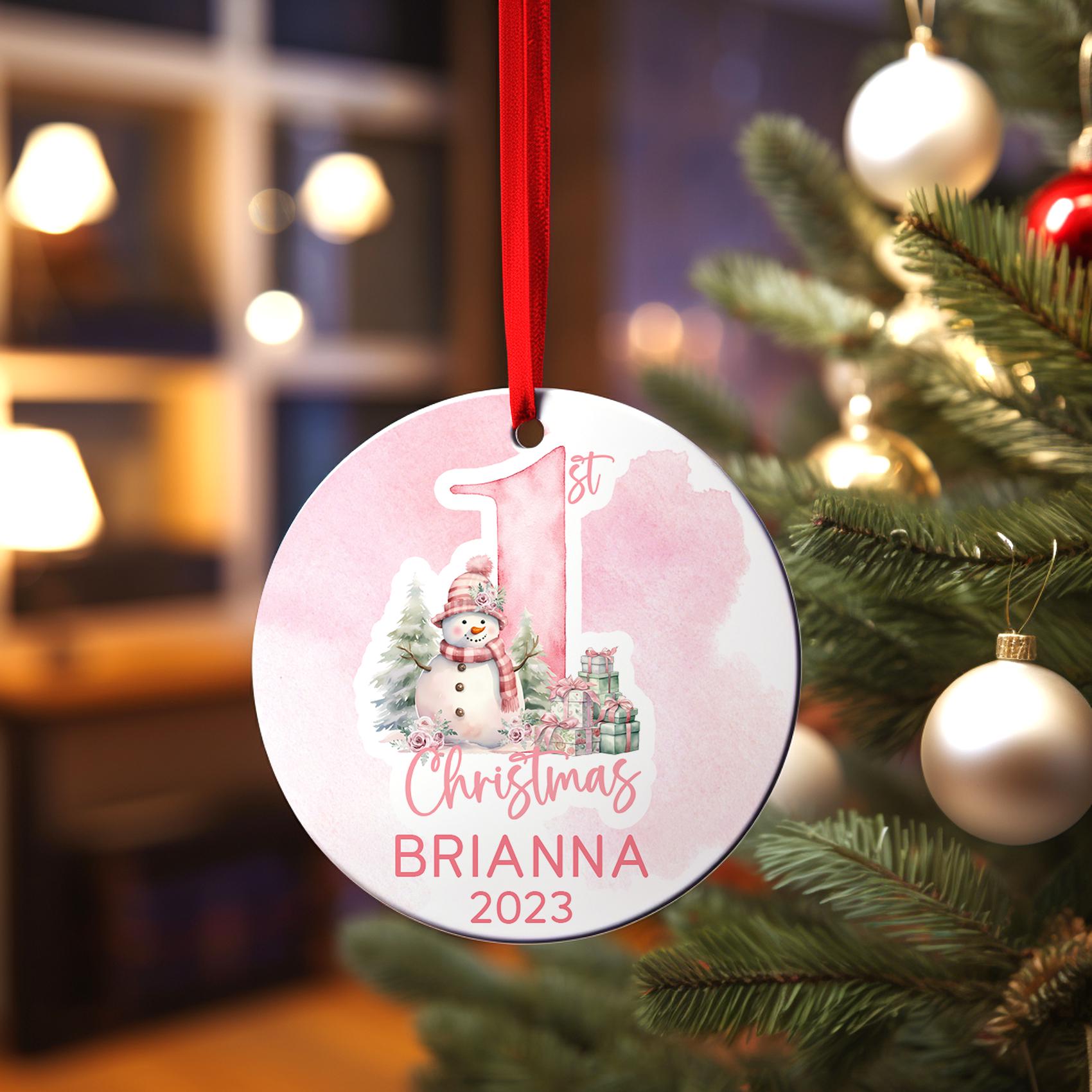 Snowman Pink Baby's First Christmas Ornament, Personalized Baby Girl Ornament