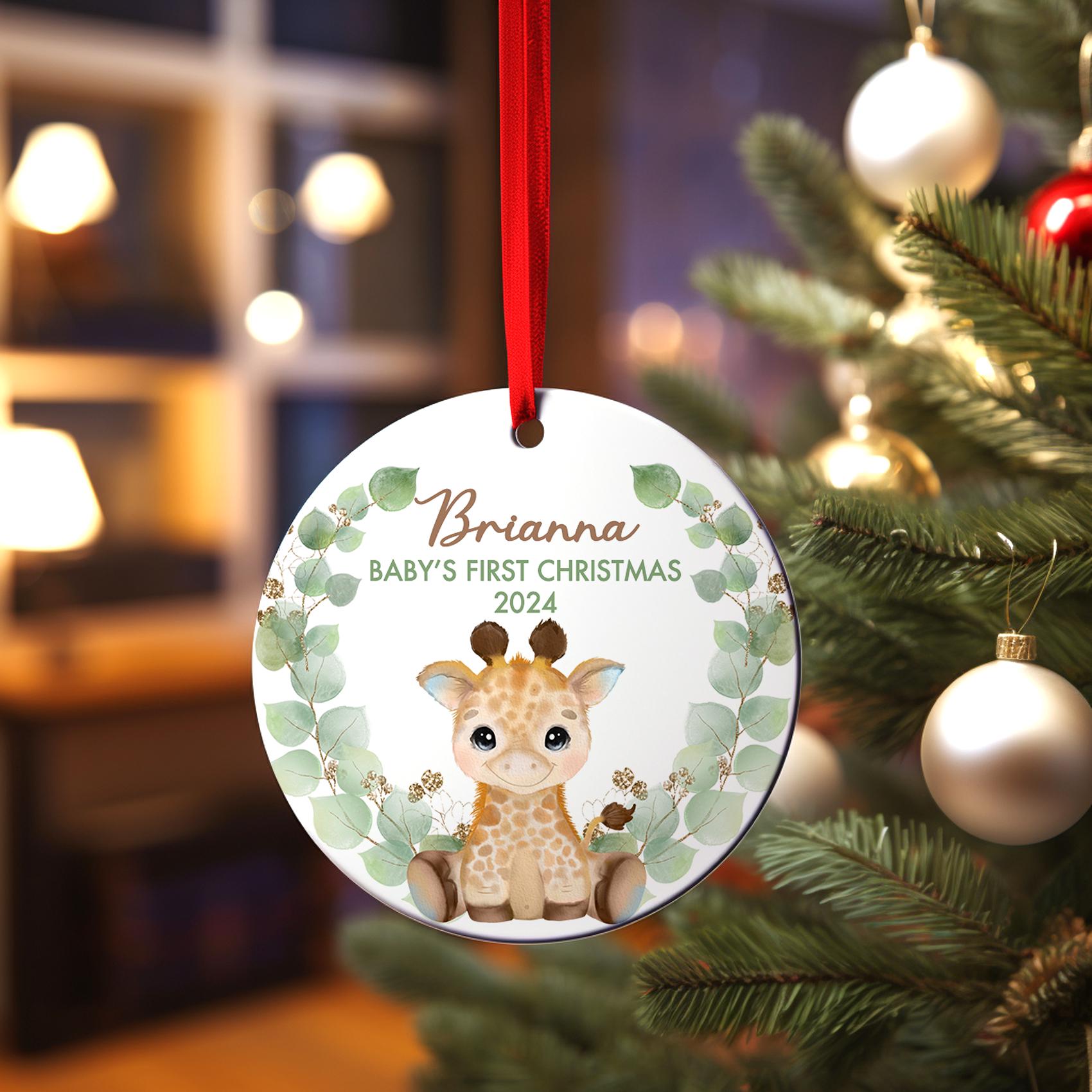 Baby's First Christmas Ornament, Personalized Giraffe Woodland Theme Keepsake