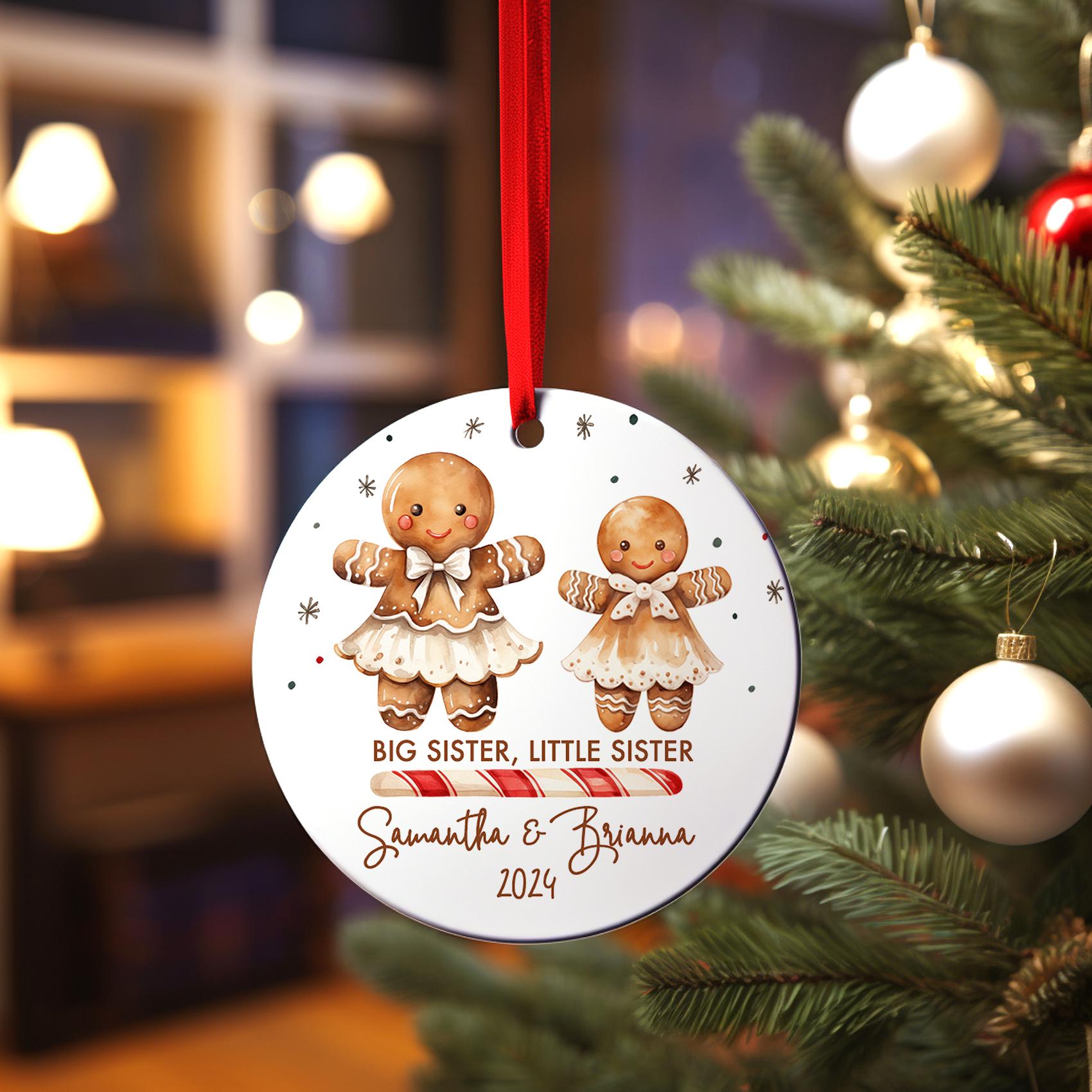 Big Sister Little Sister Christmas Ornament, Personalized Gingerbread Sibling Announcement