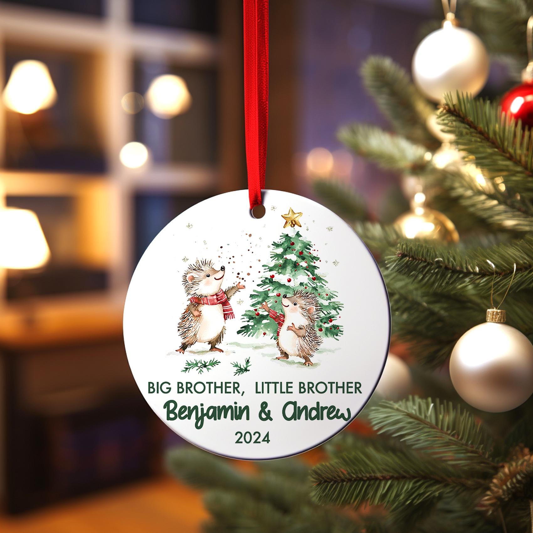 Big Brother Little Brother Hedgehog Christmas Ornament, Personalized Sibling Gift, Birth Announcement
