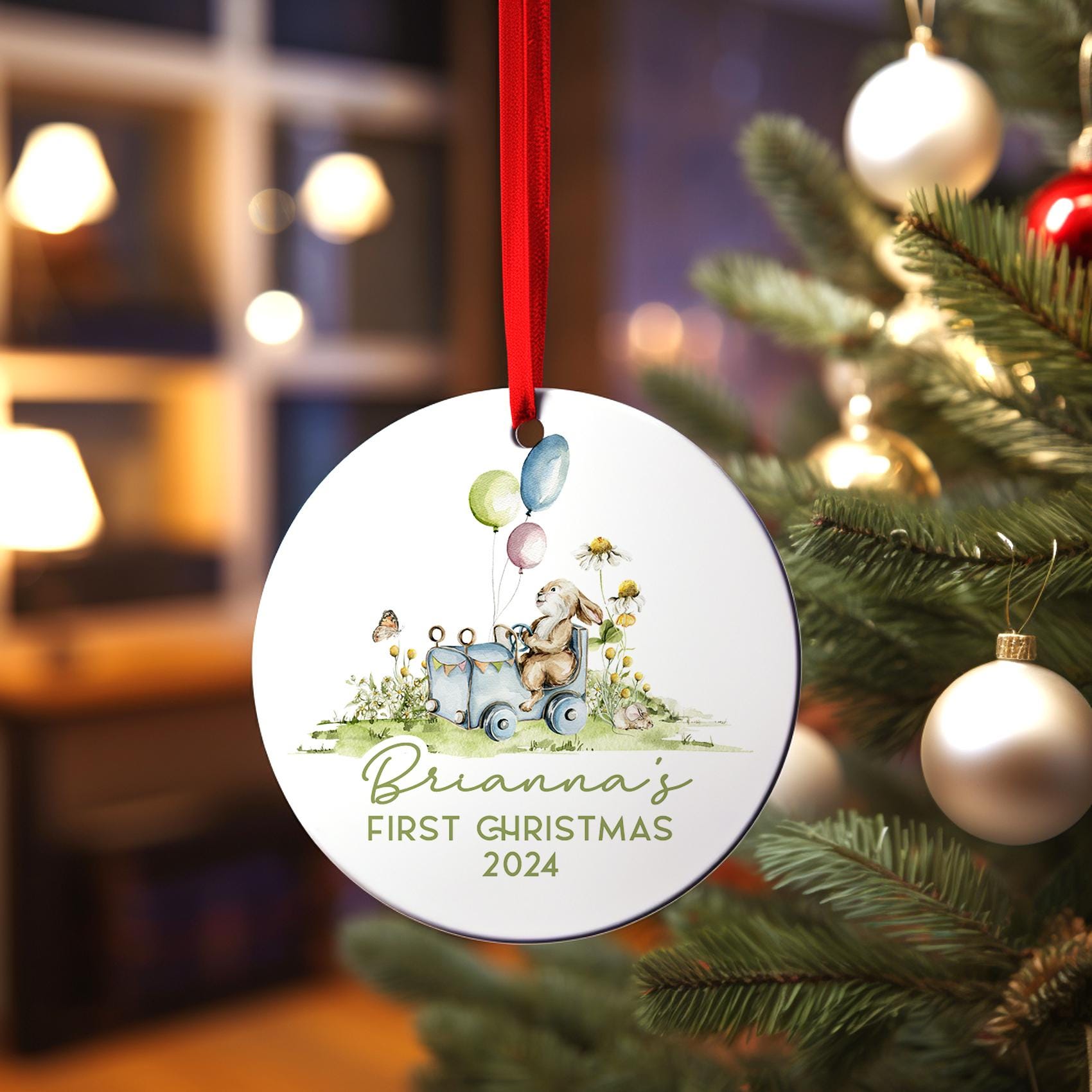 Baby's First Christmas Ornament | Personalized Watercolor Bunny Christmas Gift, Bunny Balloon Baby Gift