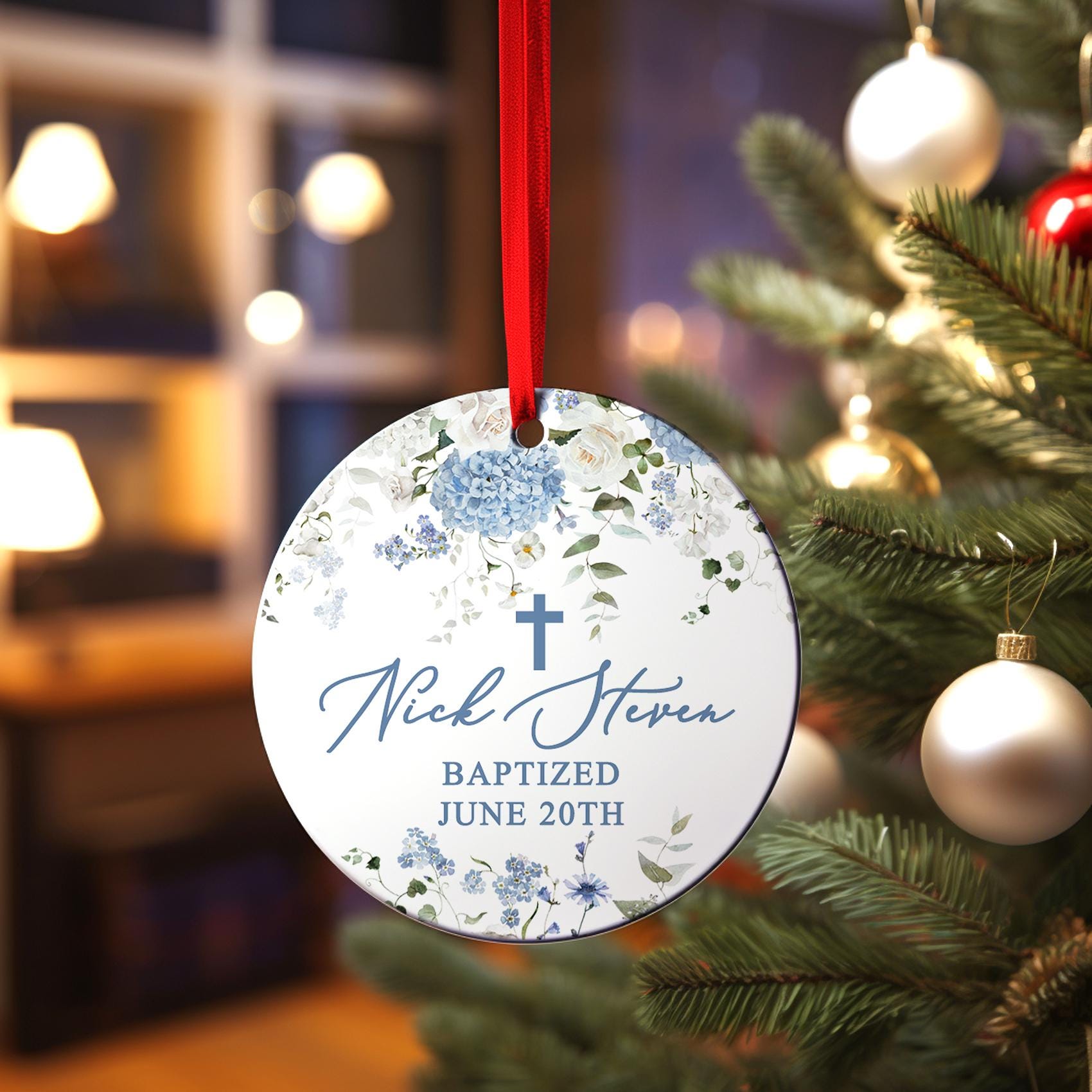 Cross Blue Hydrangea Ornament, Personalized Baptism for Girl Boy, Custom Christening Gift