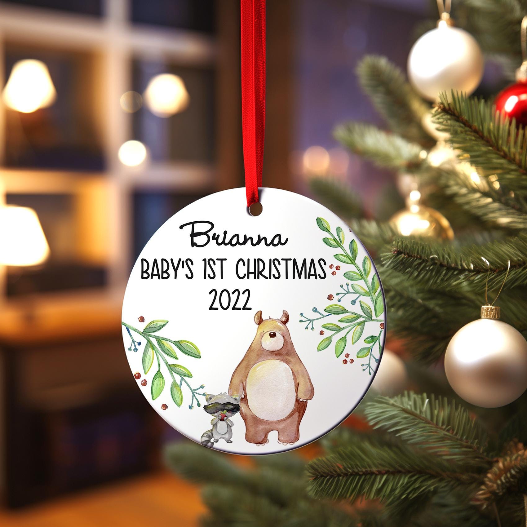 Personalized Woodland Baby's 1st Christmas Ornament, Watercolor Owl Gift