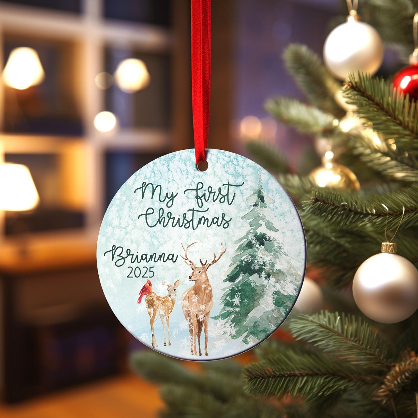 Deer Winter Wonderland Baby's First Christmas Ornament, Personalized Snowy Tree Ornament