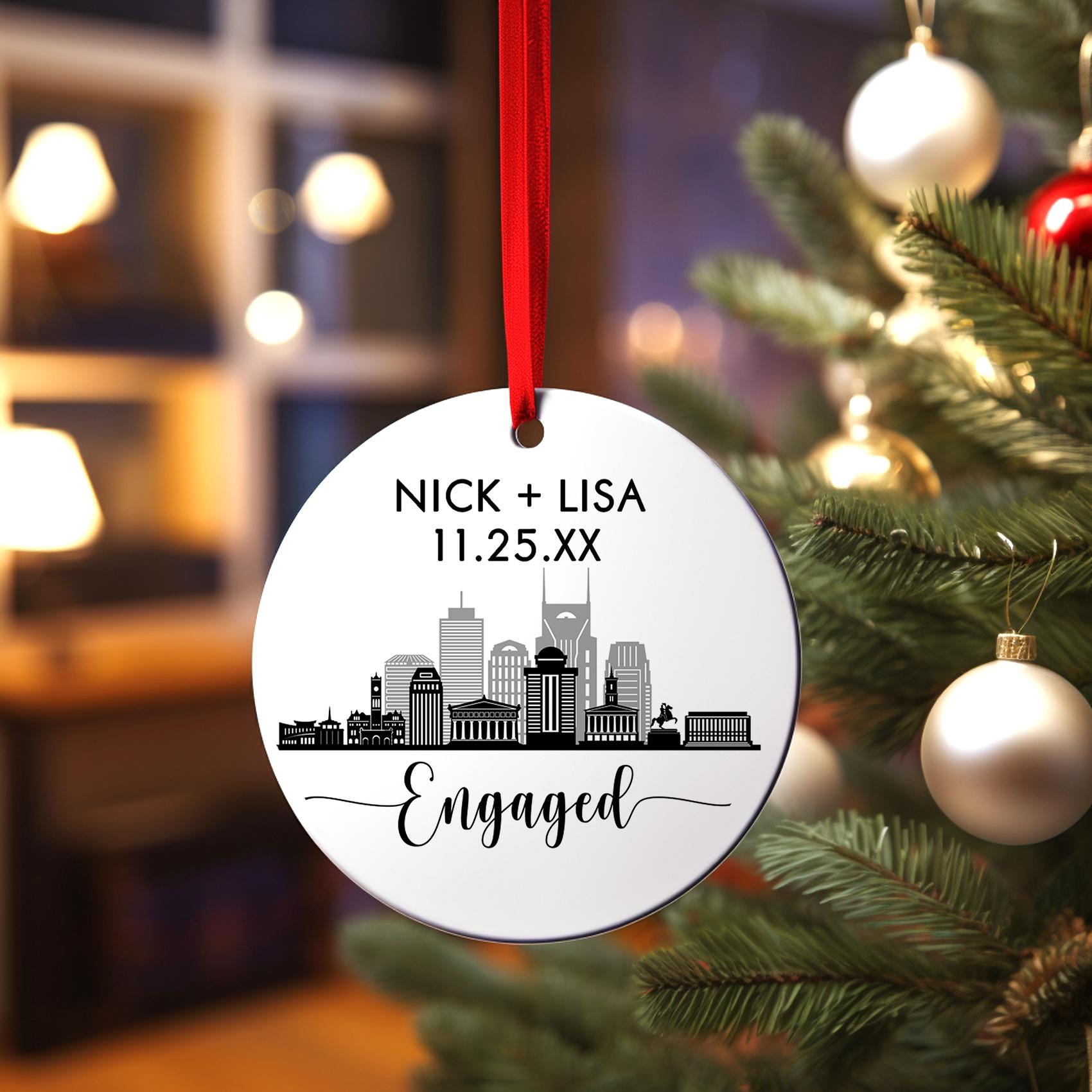 Engaged Nashville Skyline Christmas Ornament, Personalized Our First Christmas Engagement