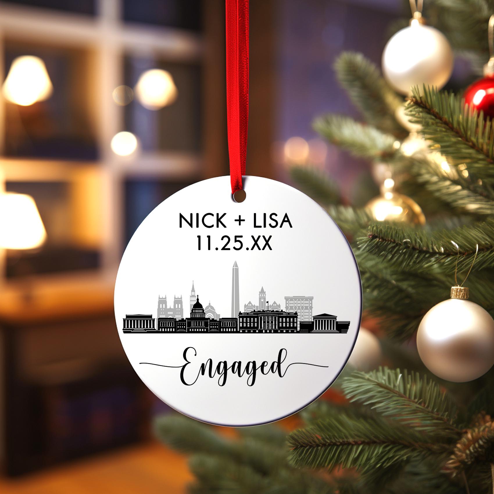Engaged Washington DC Skyline Christmas Ornament, Personalized Our First Christmas Engagement