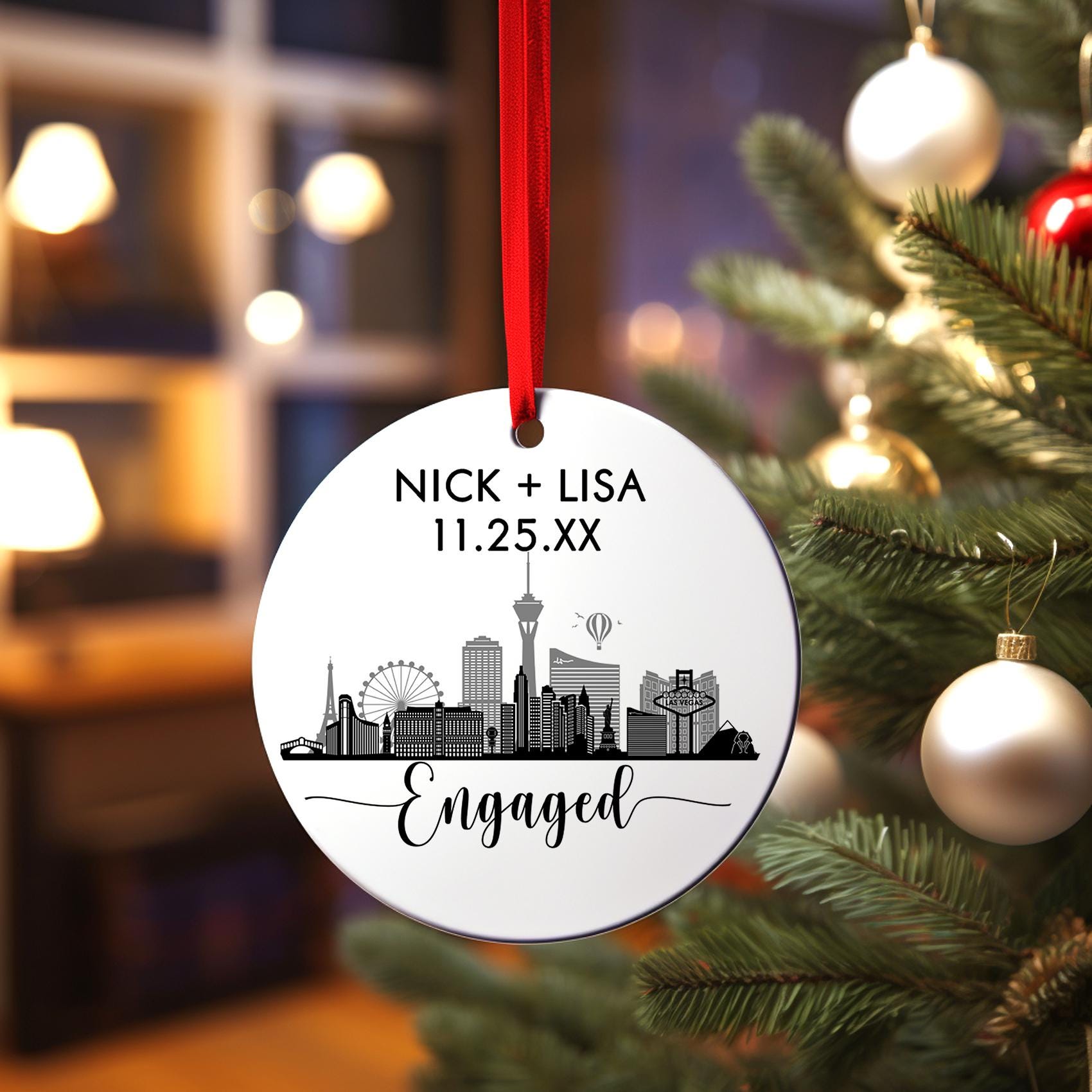 Engaged Las Vegas Skyline Christmas Ornament, Personalized Our First Christmas Married