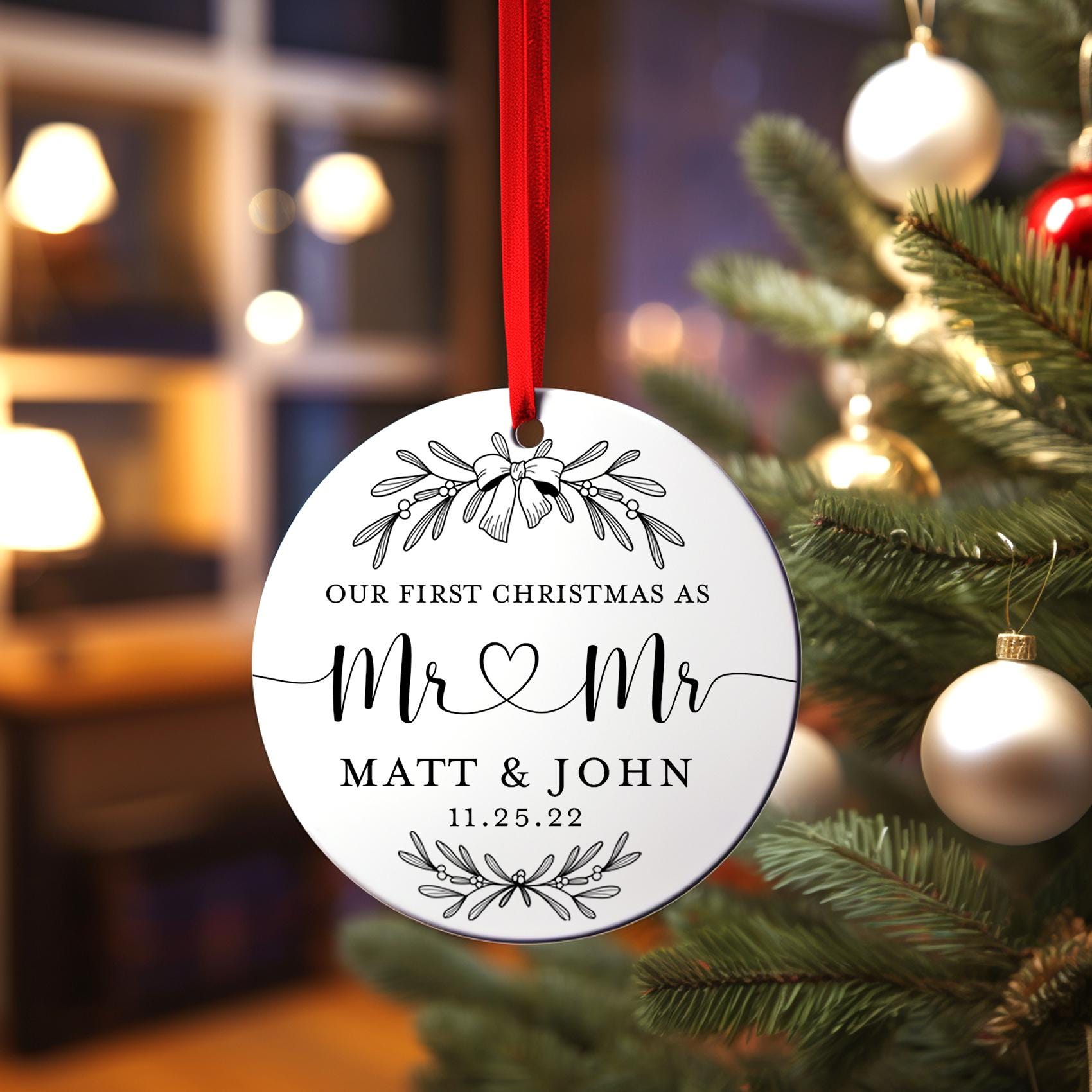 First Christmas Married Ornament - Mr and Mr, Personalized Our First Christmas