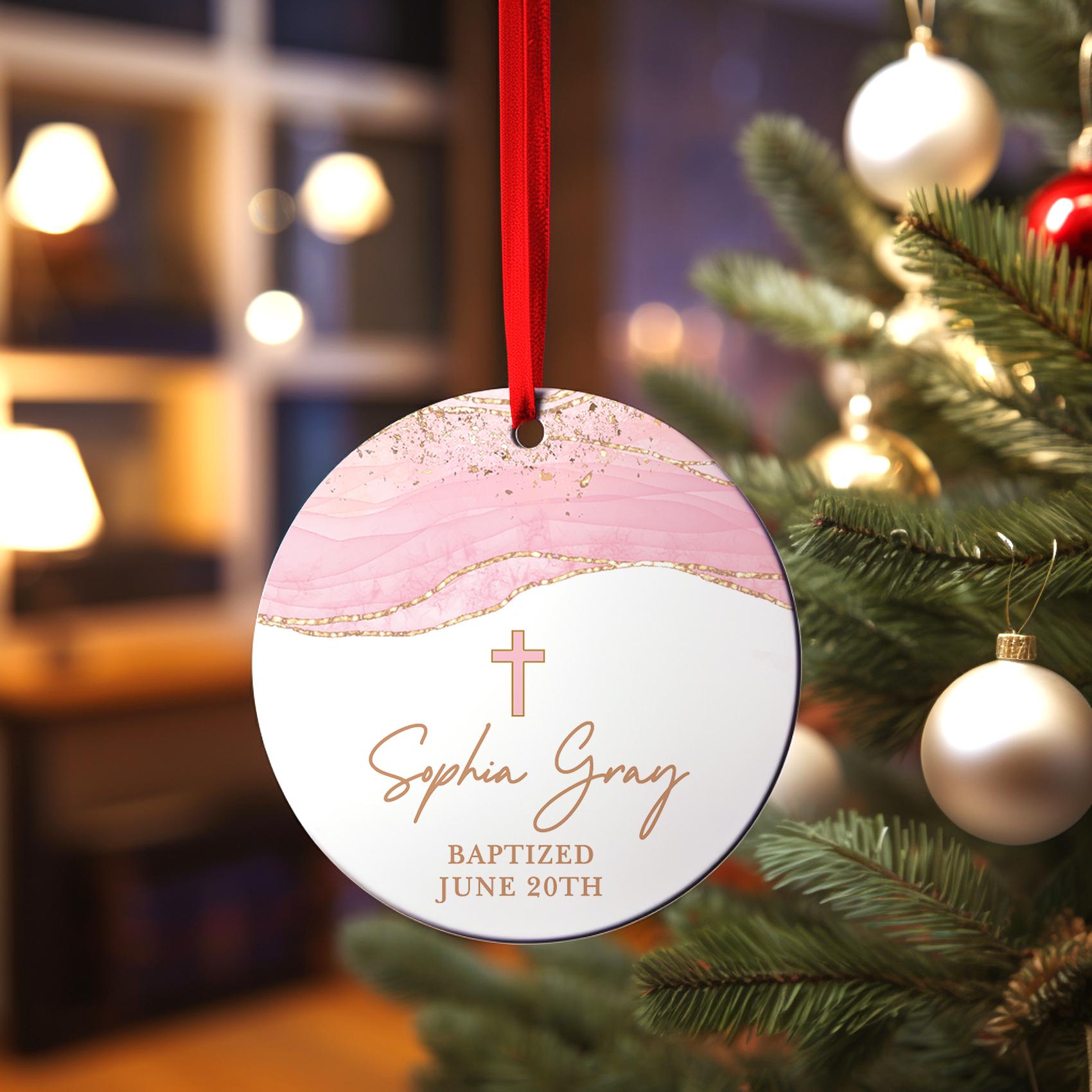 Baptism Pink Cross Ornament, Personalized Communion Keepsake, God Daughter Christmas gift