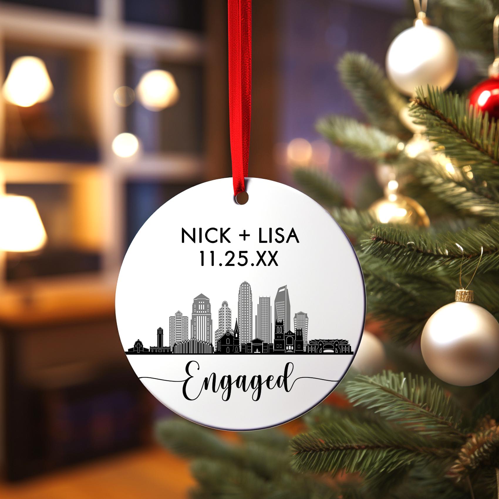 Engaged Charlotte Skyline Christmas Ornament, Personalized Our First Christmas Married