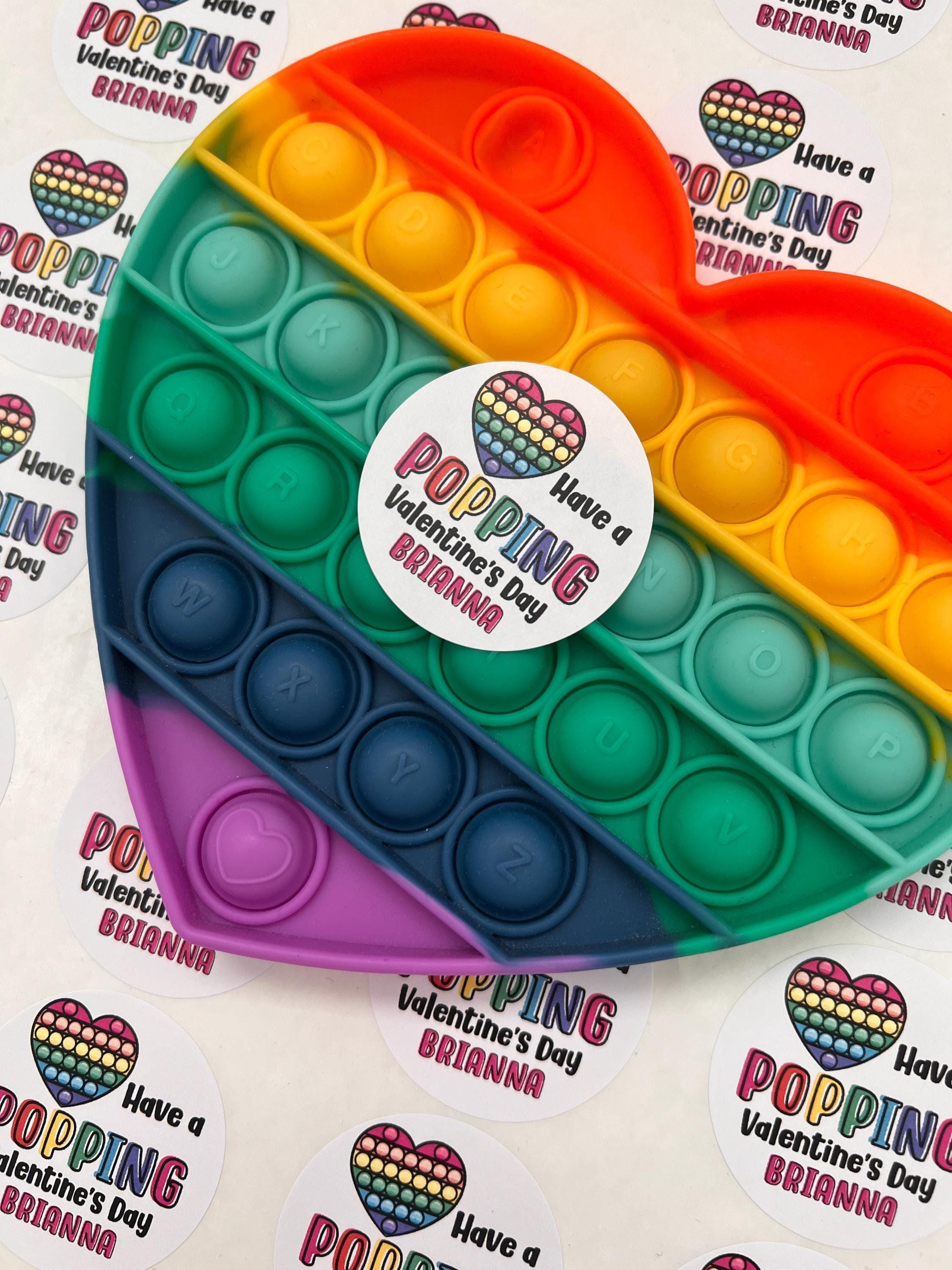 Pop It kids Valentines Day Stickers - Personalized Rainbow Pop It Valentine Round Sticker Labels - Classroom Valentines for School