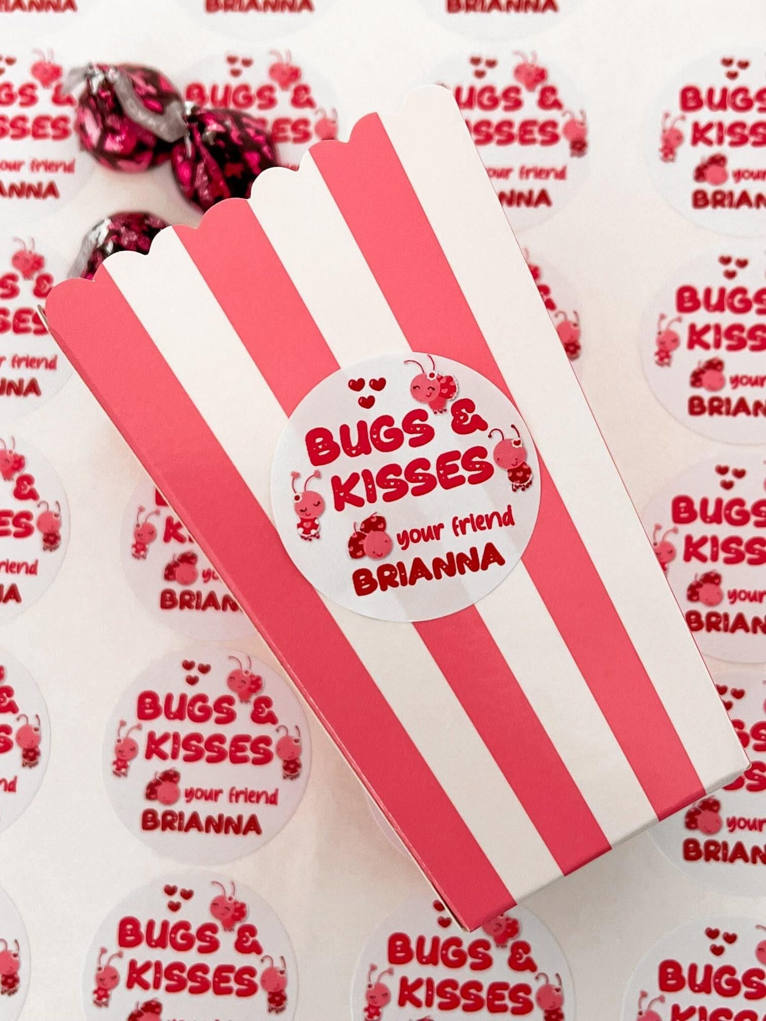 Bugs & Kisses Valentines Day Stickers - Personalized Love Bug Valentine Round Sticker Labels - Classroom Valentines for School