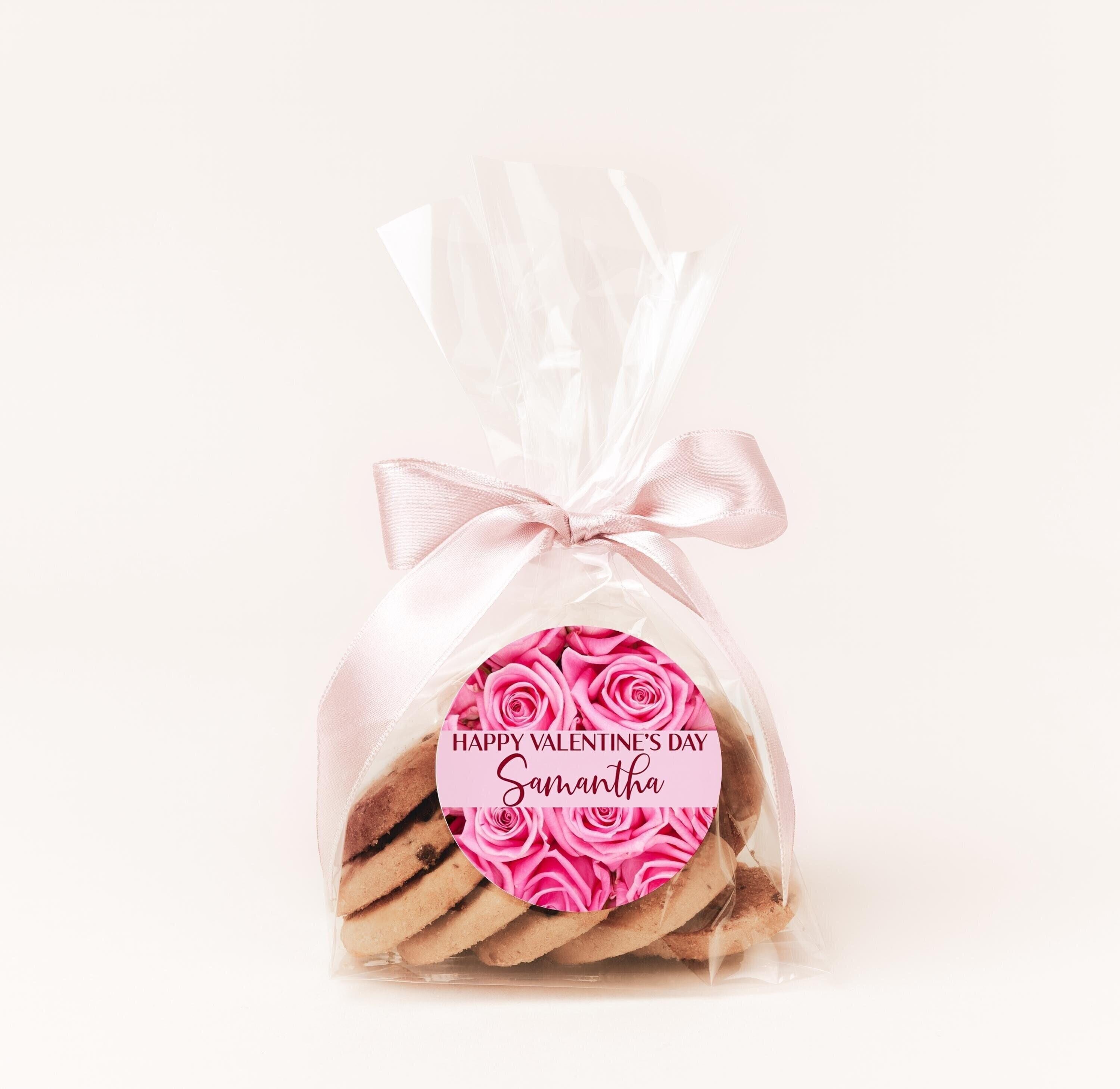 Pink Roses Valentines Day Stickers, Personalized Valentine Round Labels, Classroom Valentines for School, Valentine Treat Bags