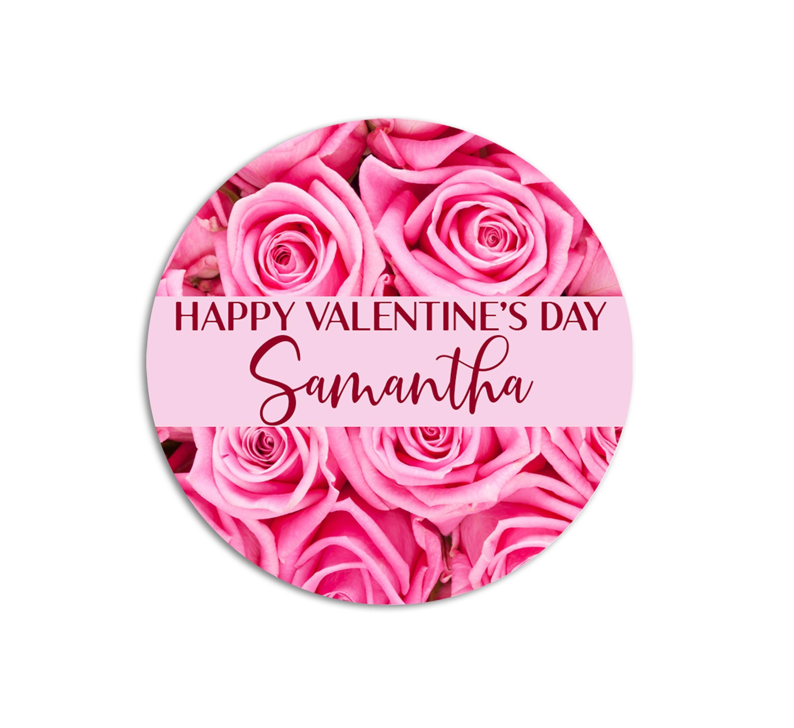 Pink Roses Valentines Day Stickers, Personalized Valentine Round Labels, Classroom Valentines for School, Valentine Treat Bags