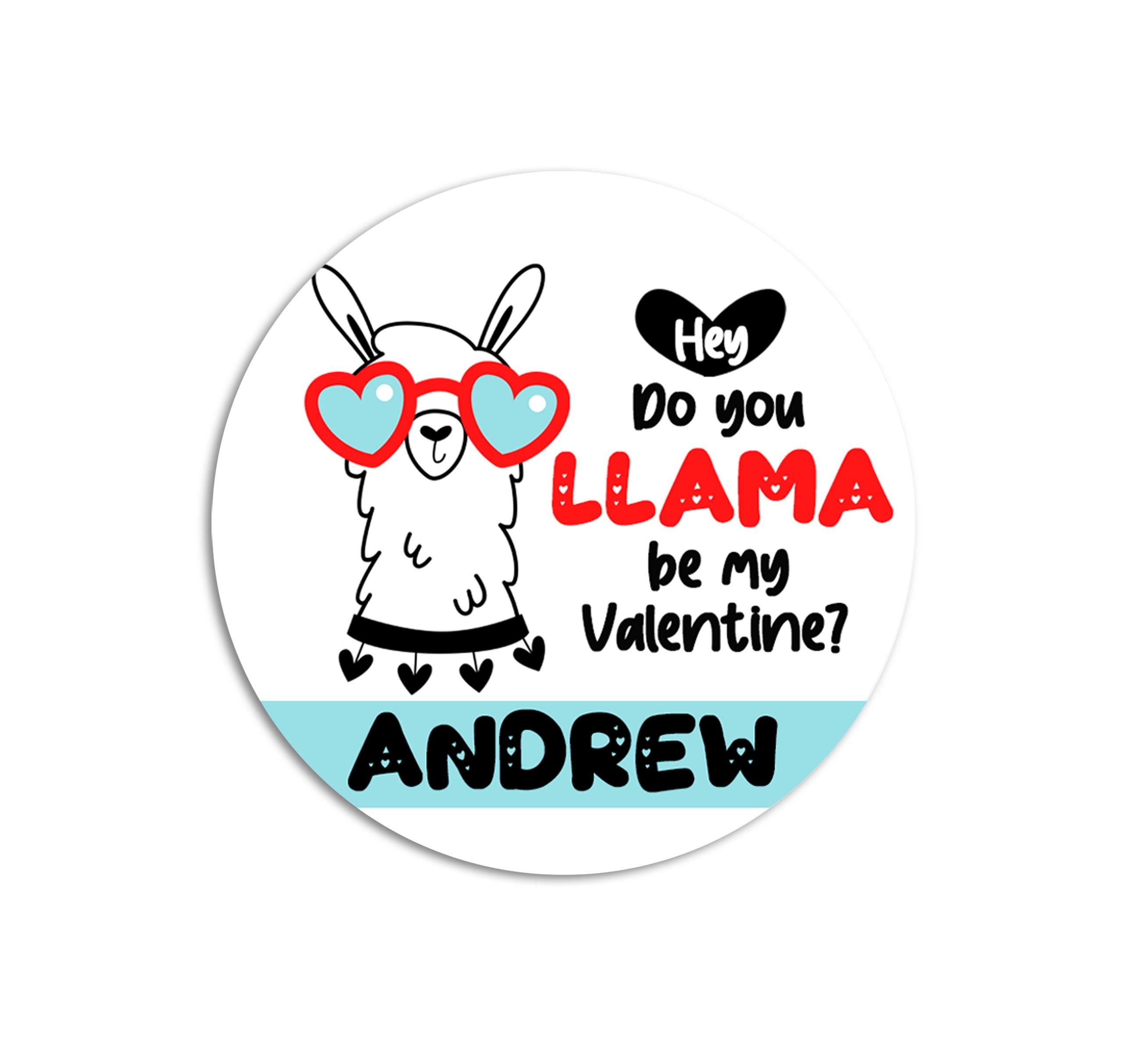 Llama Valentines Day Stickers - Personalized Llama Blue Valentine Round Sticker Labels - Classroom Valentines for School