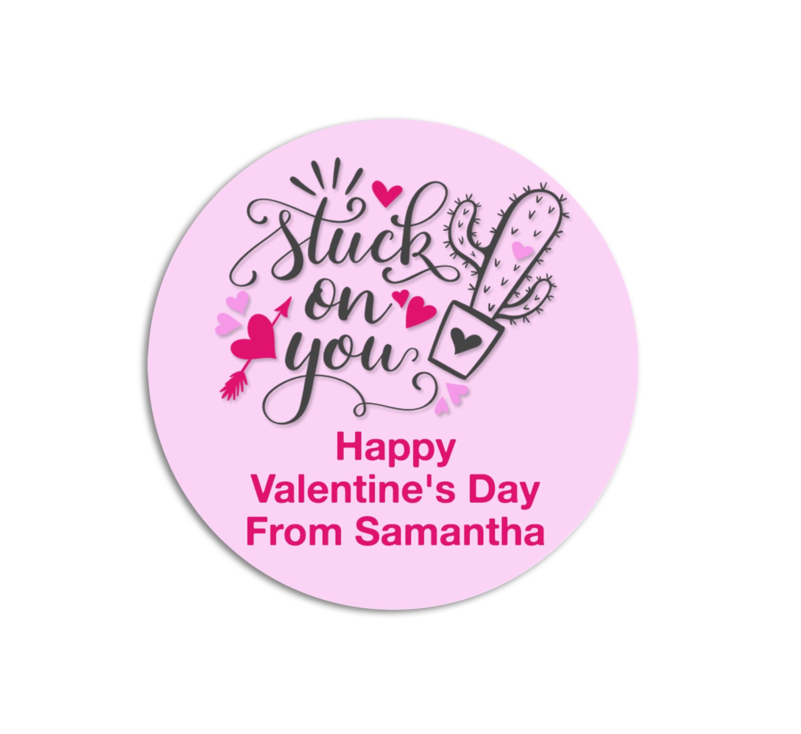 Stuck On You Valentine's Day Stickers - Personalized Valentine Round Sticker Labels - Classroom Valentines for School