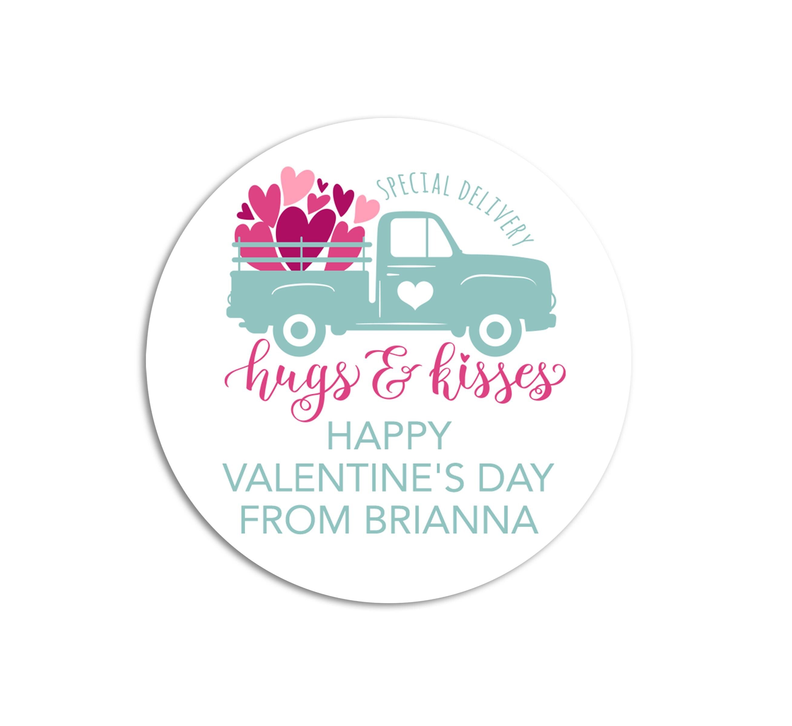Hugs & Kisses Pastel Truck Valentine's Day Stickers - Personalized Valentine Round Sticker Labels - Classroom Valentines for School