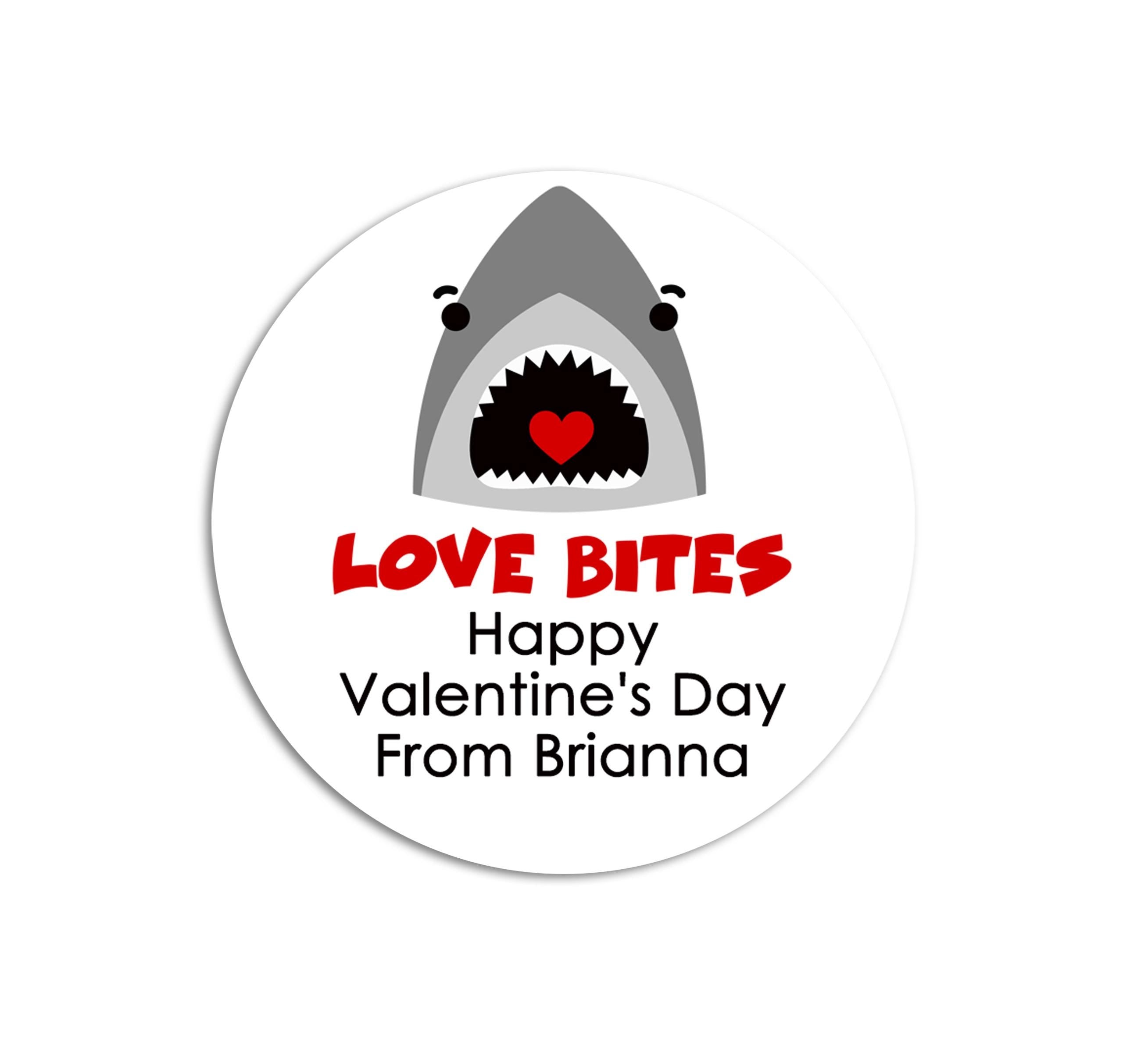 Love Bites Shark Valentine's Day Stickers - Personalized Valentine Round Sticker Labels - Classroom Valentines for School