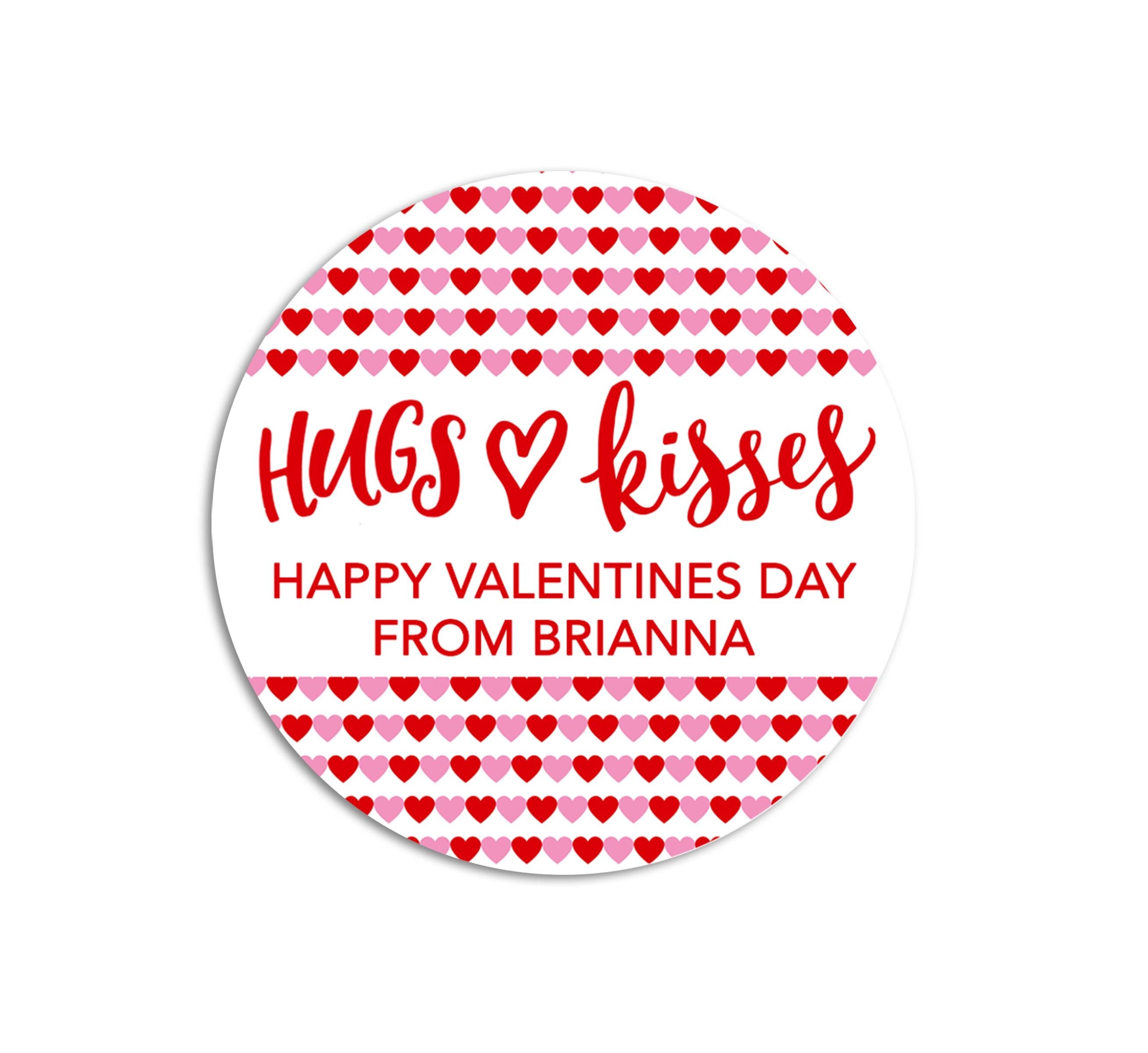 Hugs & Kisses Valentine's Day Stickers - Personalized Valentine Round Sticker Labels - Classroom Valentines for School