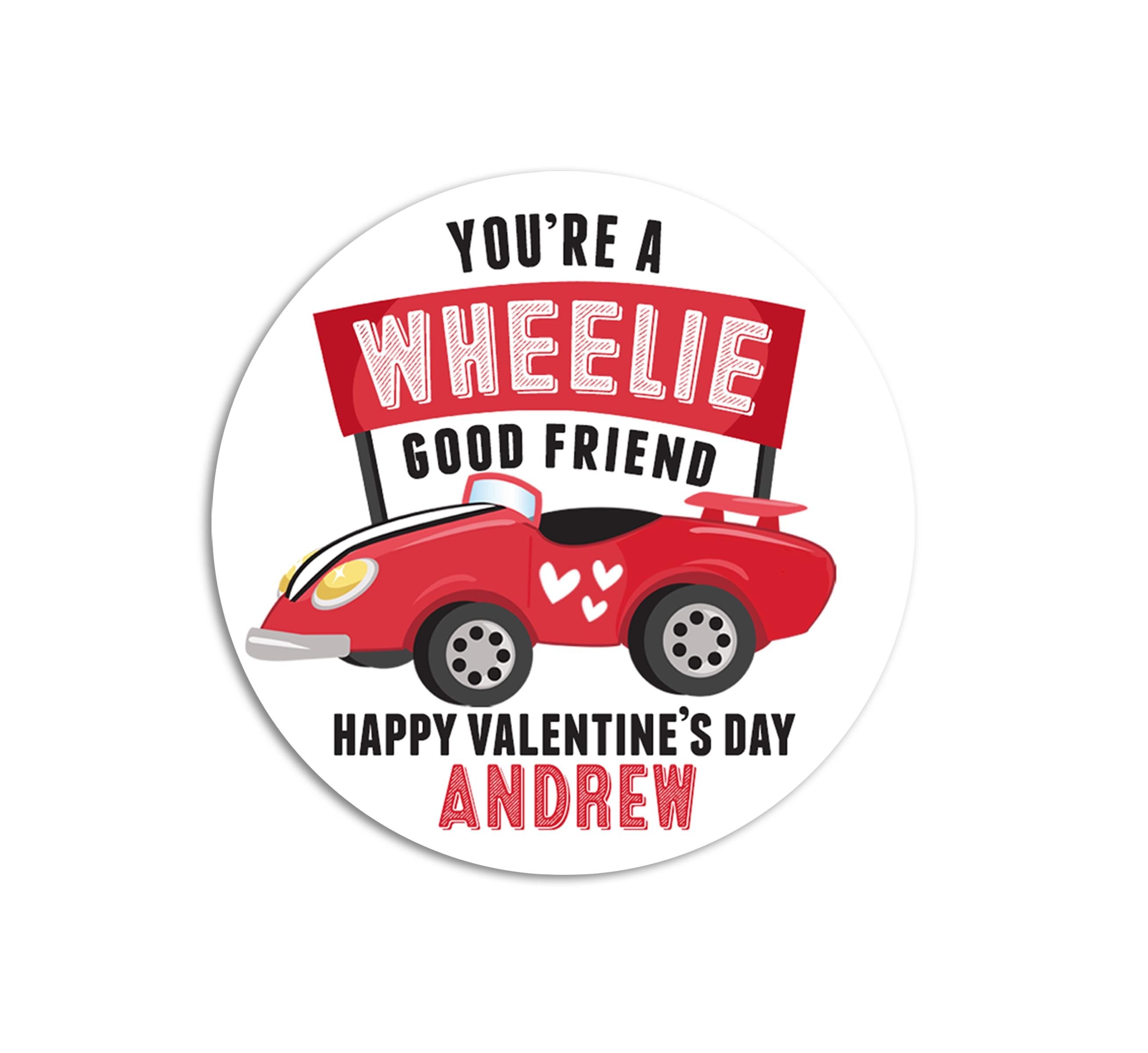 You're a wheelie good friend Valentines Day Stickers - Personalized Valentine Round Sticker Labels - Classroom Valentines for School