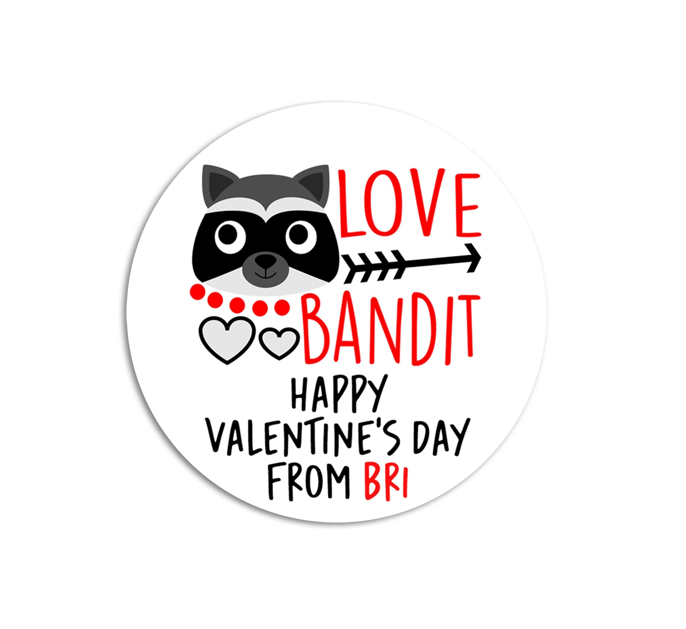 Love Bandit Valentines Day Stickers - Personalized Valentine Round Sticker Labels - Classroom Valentines for School
