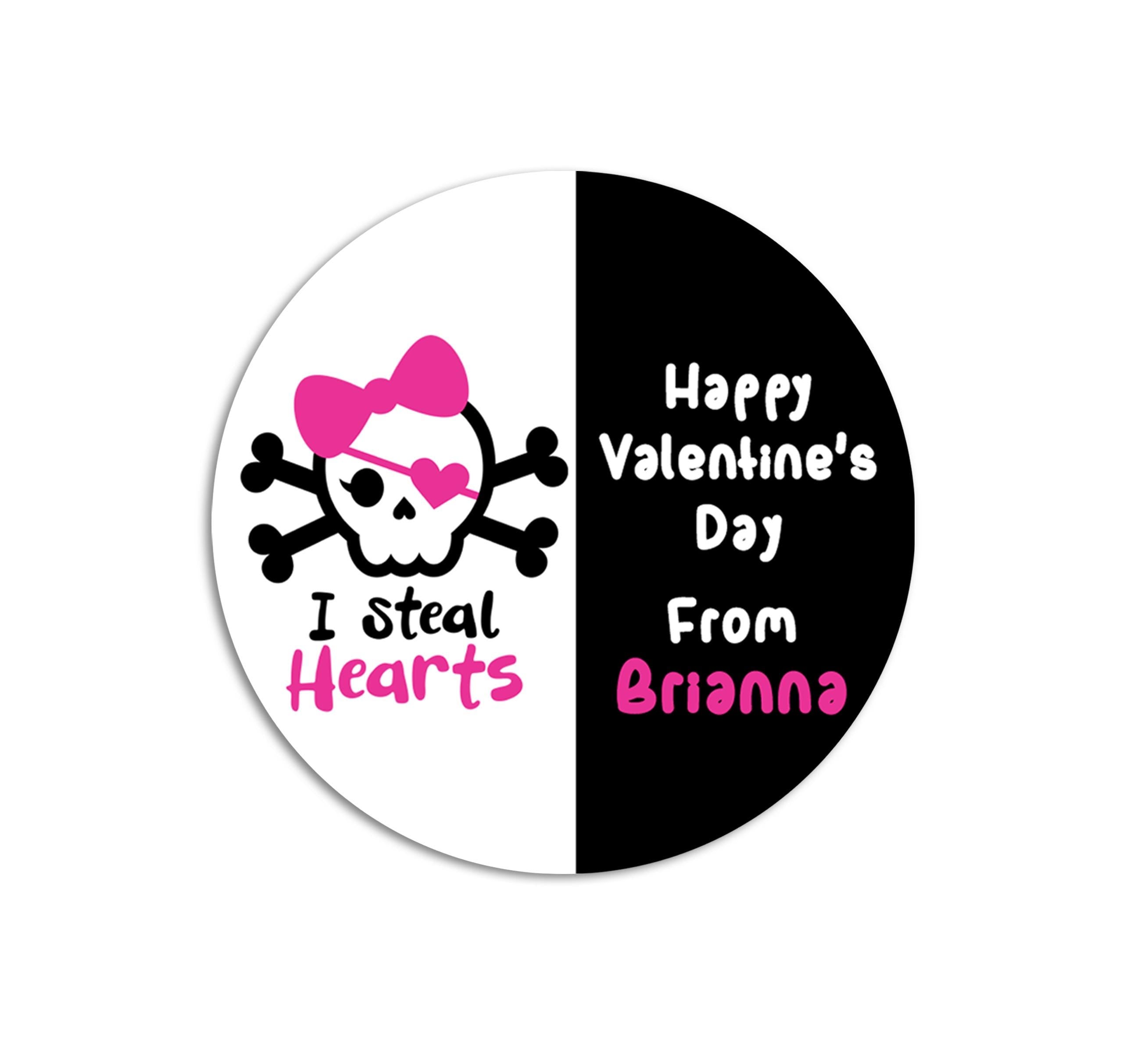 I Steal Hearts Pirate Valentines Day Stickers - Personalized Valentine Round Sticker Labels - Classroom Valentines for School
