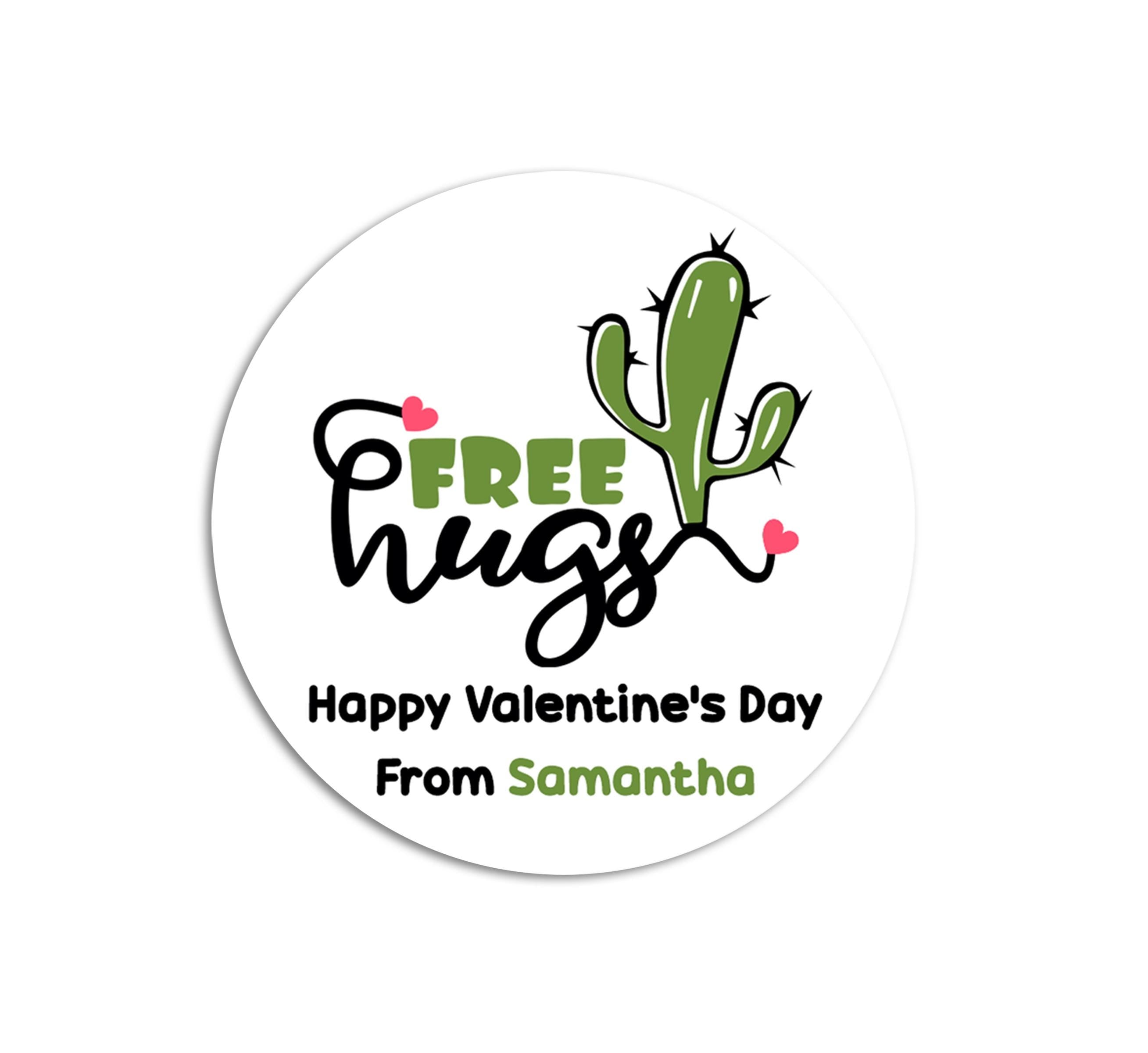 Free Hugs Cactus Valentines Day Stickers - Personalized Valentine Round Sticker Labels - Classroom Valentines for School