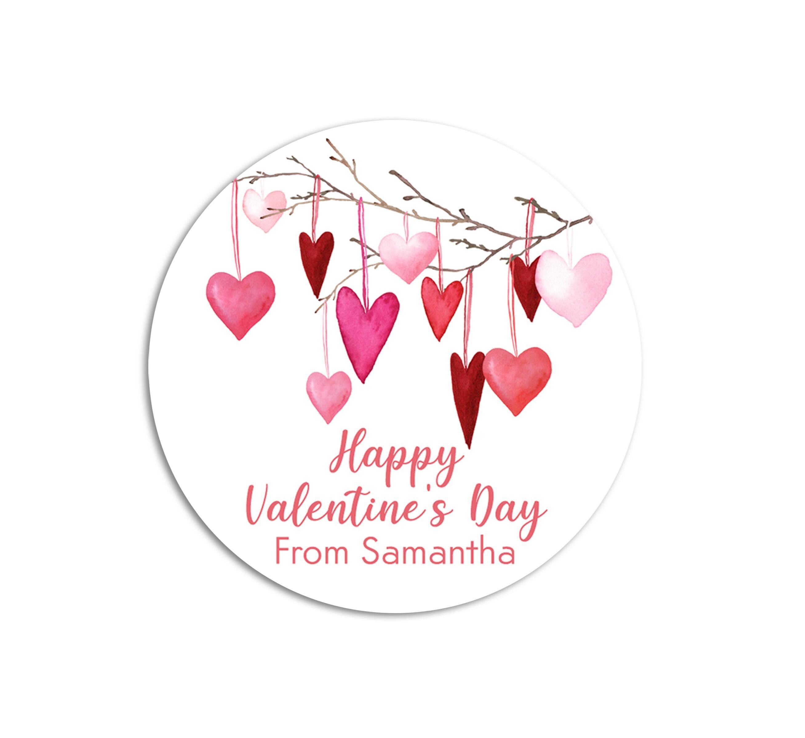Watercolor Hearts on a branch - Happy Valentine's Day Personalized Stickers - Classroom Valentines for School