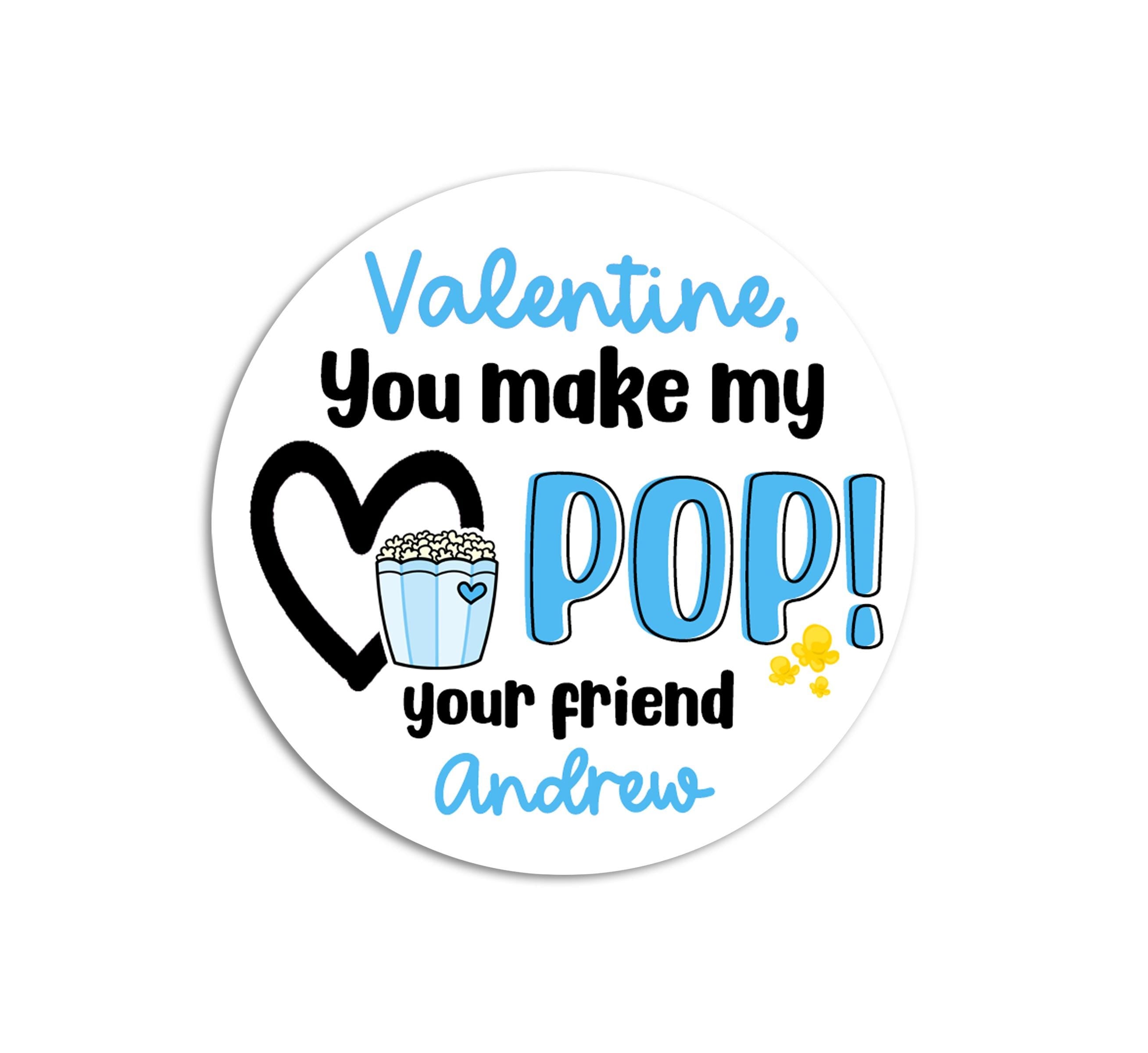 You Make My Heart Pop Valentines Day Stickers - Personalized Popcorn Blue Valentine Round Sticker Labels - Classroom Valentines for School