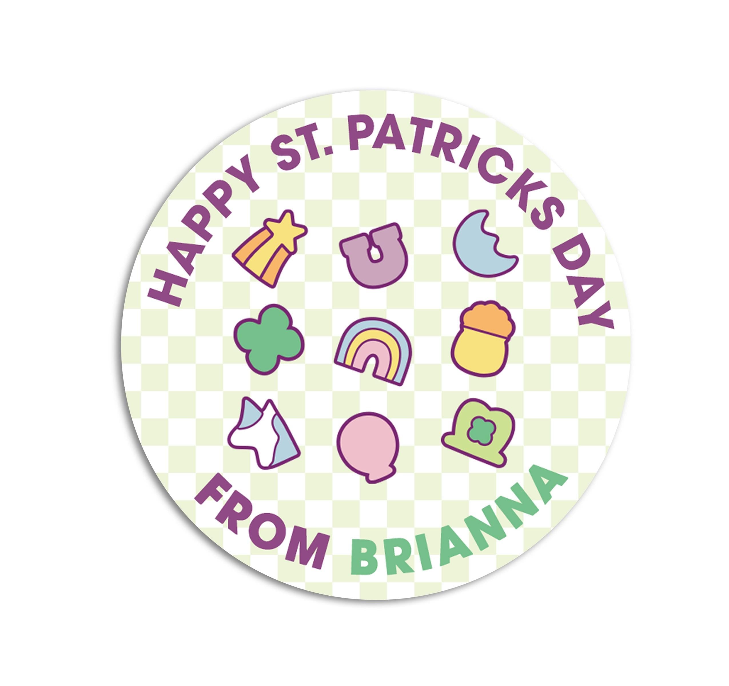 St. Patricks Day Stickers, Personalized Lucky Charm Green Plaid Round Stickers, St. Patrick's Day Classroom Stickers, Treat Bag Stickers