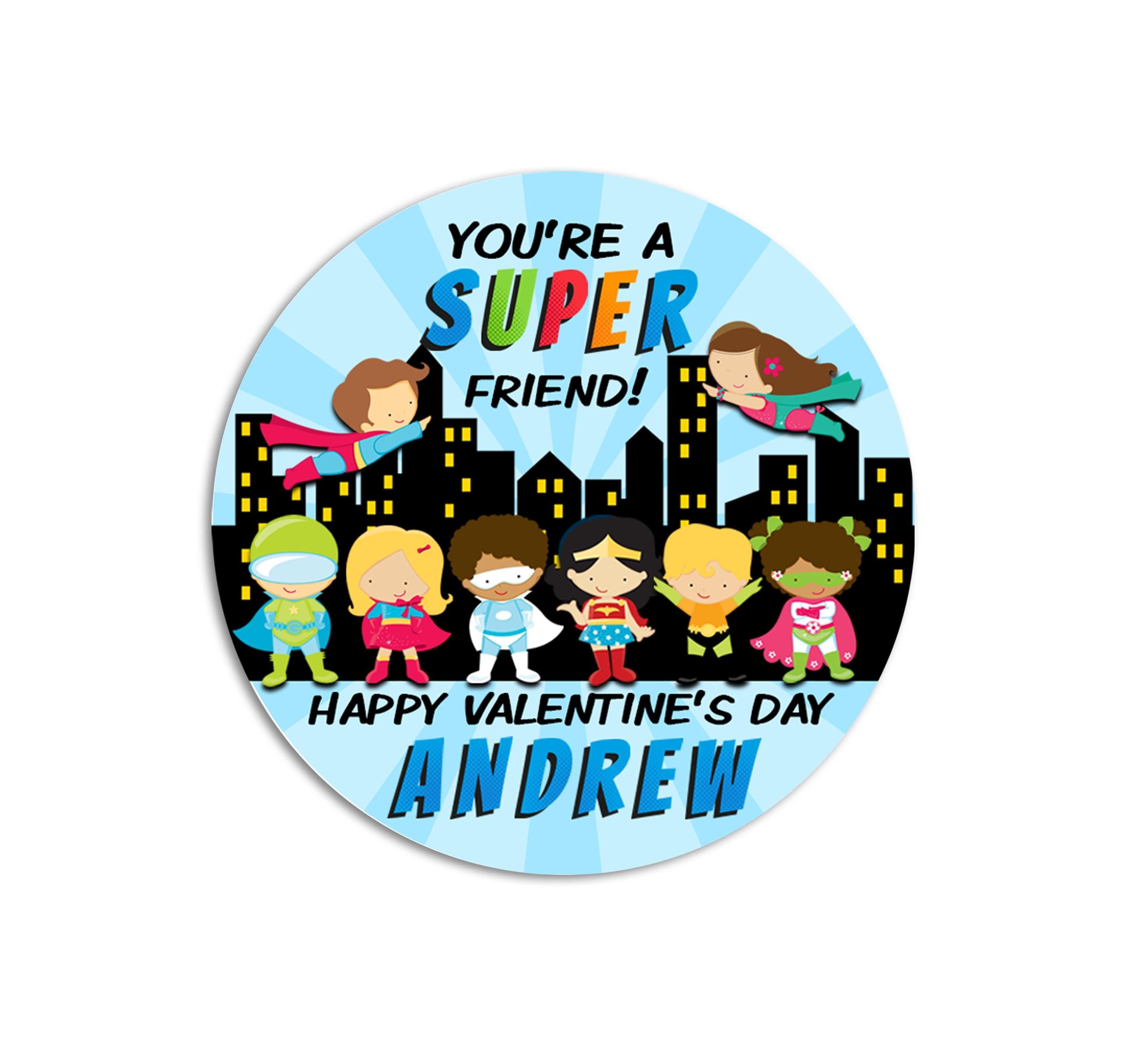 Superhero Valentines Day Stickers - Personalized Super Hero Kids Valentine Round Sticker Labels - Classroom Valentines for School
