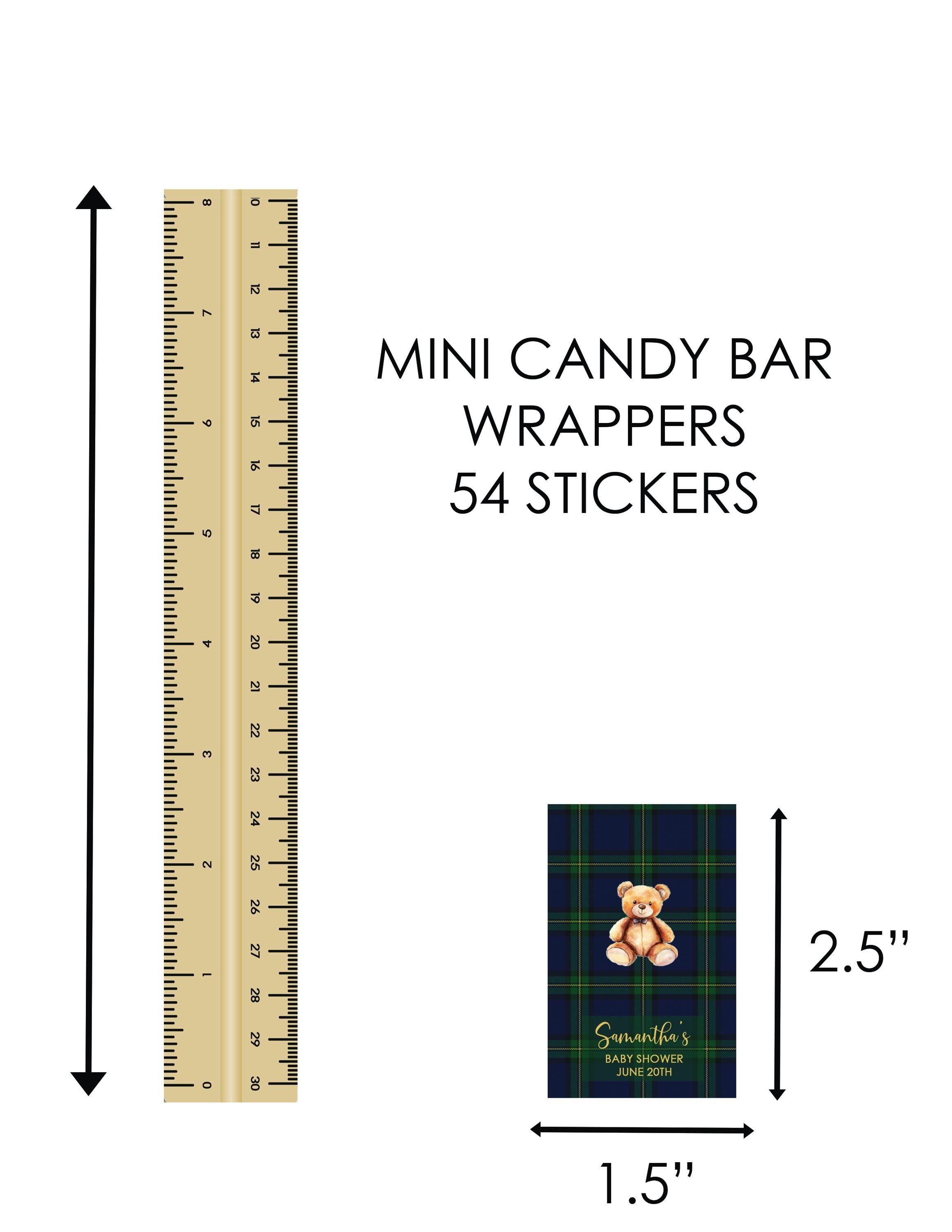 Teddy Bear Mini Chocolate Bar Stickers, Green Blue Plaid Miniature Candy Bar Labels - 54 Ct