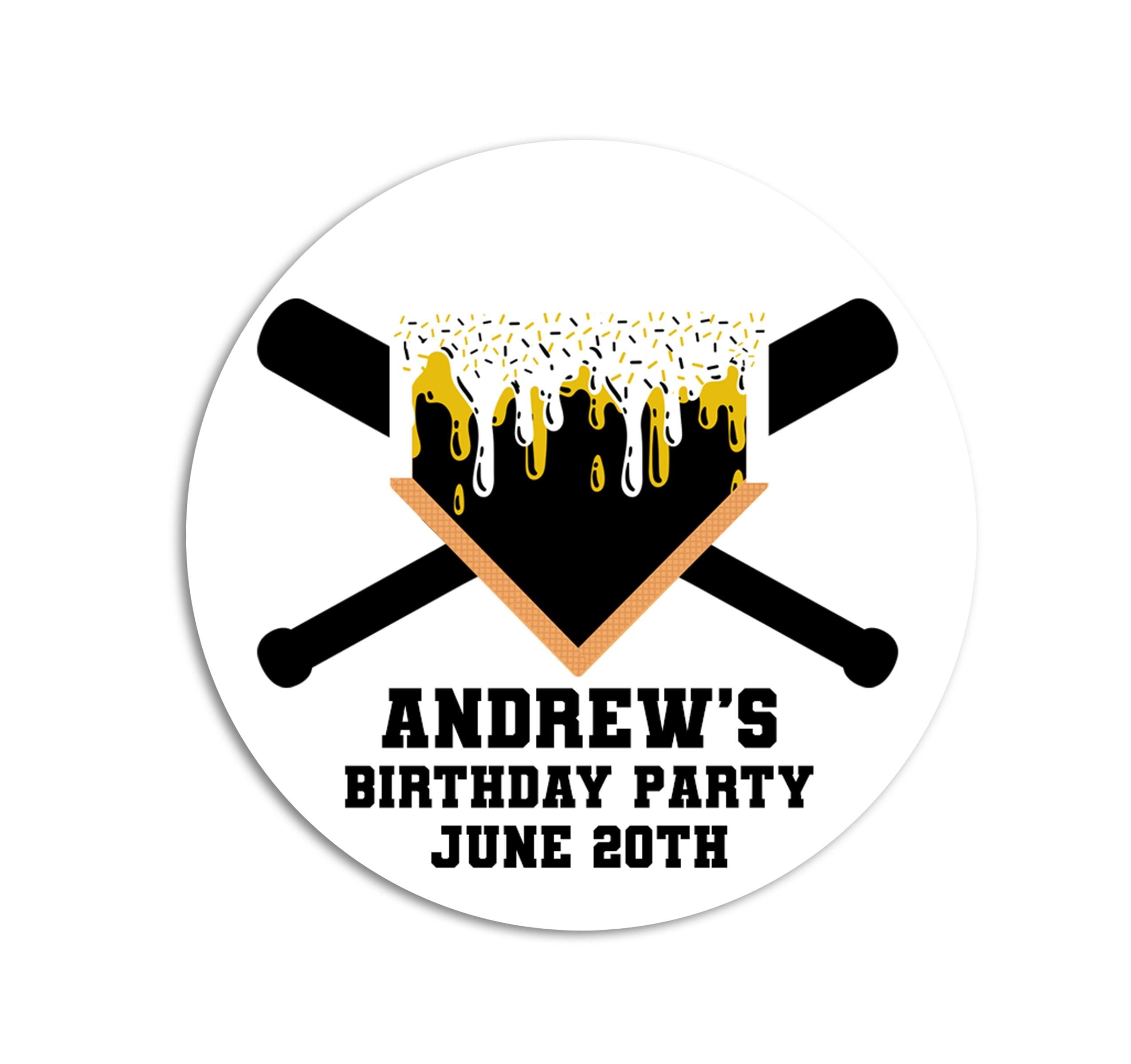 Baseball Drip Birthday Stickers, Personalized Round Birthday Labels, Custom Colors