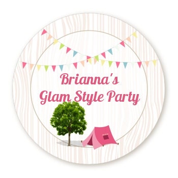 Camping Glam Style Birthday Party Favor Stickers, Happy Birthday Labels, Custom Birthday Party Favor Labels, Personalized Round Stickers
