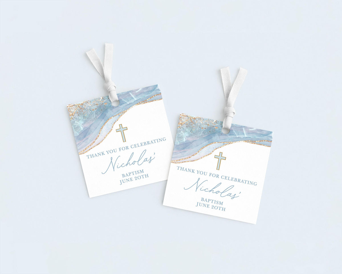 Cross Blue & Gold Baptism Tags, Boy Communion Tags, Religious Thank You for Celebrating
