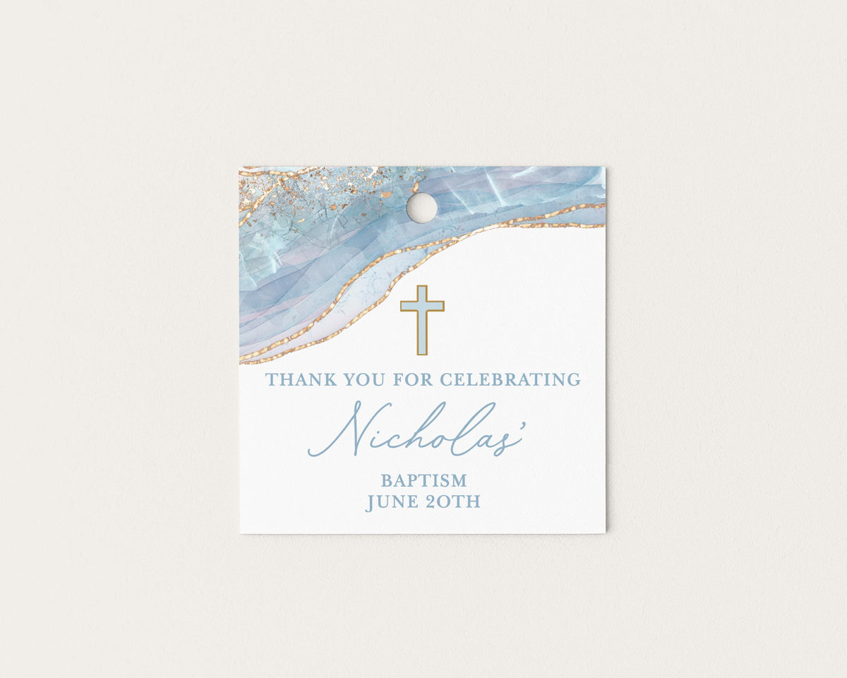 Cross Blue & Gold Baptism Tags, Boy Communion Tags, Religious Thank You for Celebrating