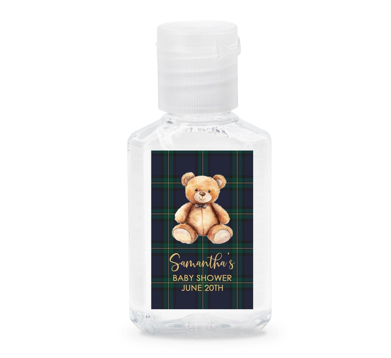 Teddy Bear Baby Shower Sanitizer Stickers, Blue Green Plaid Labels, Thank You Preppy Favors