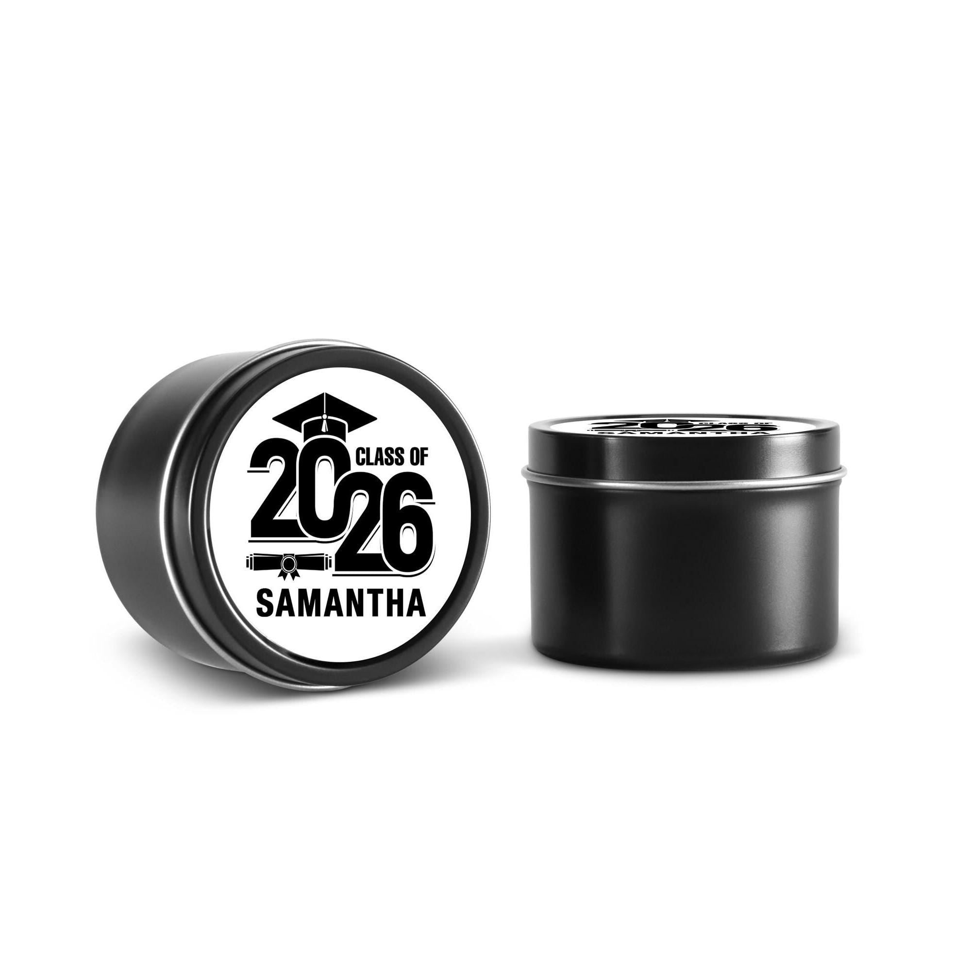 Graduation Candle Favors, Grad Bulk Party Favors, Class of 2026 Black Candle Tin