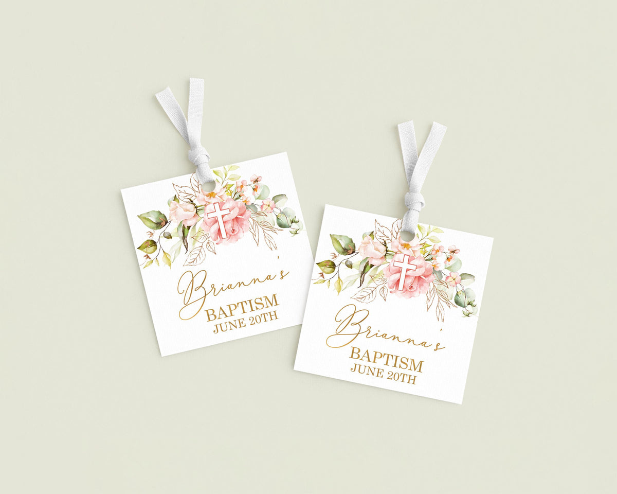 Cross Pink Floral Baptism Tags, Girl Communion Tags, Religious Favors