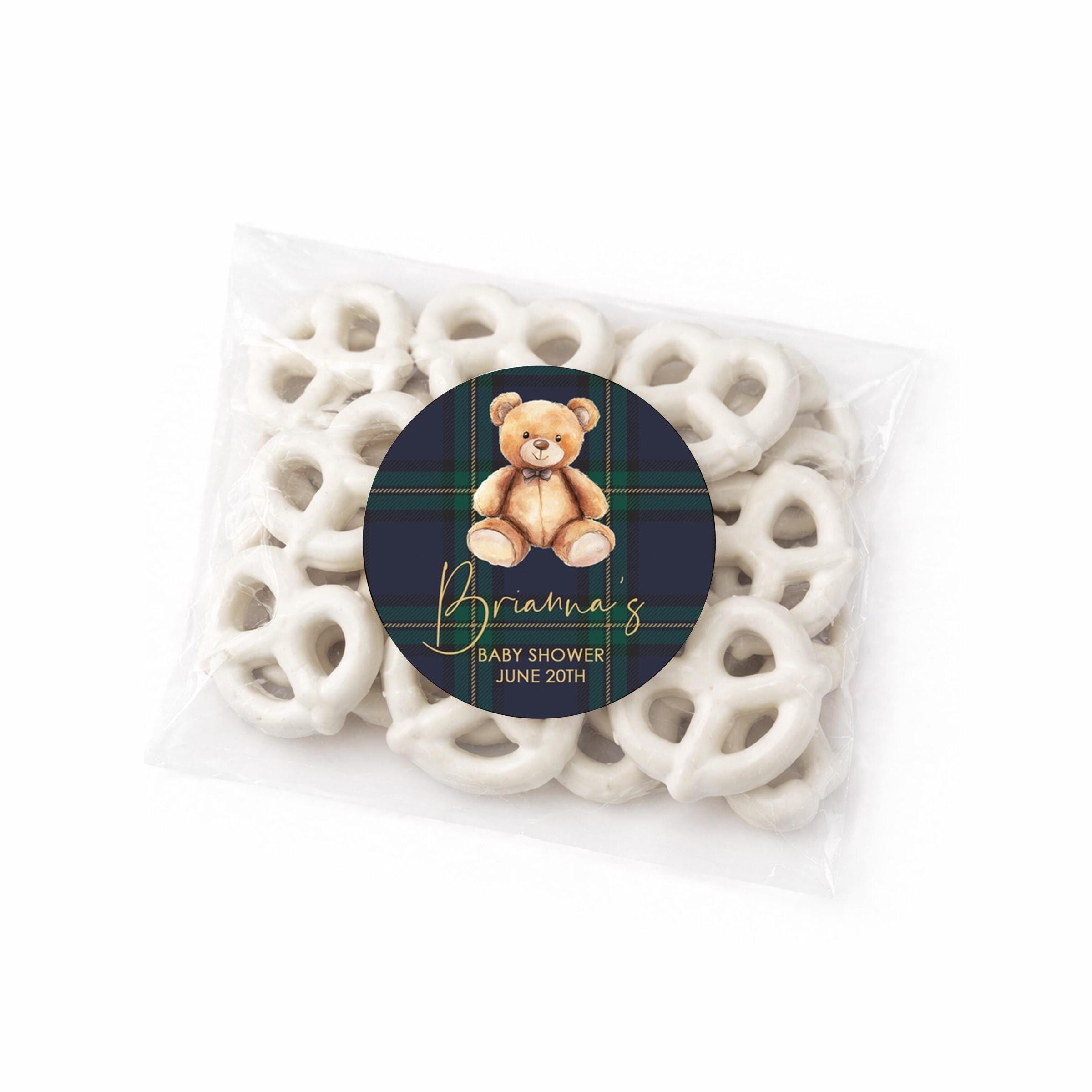 Teddy Bear Baby Shower Favor Bags, Blue Green Plaid Labels, Thank You Preppy Favors