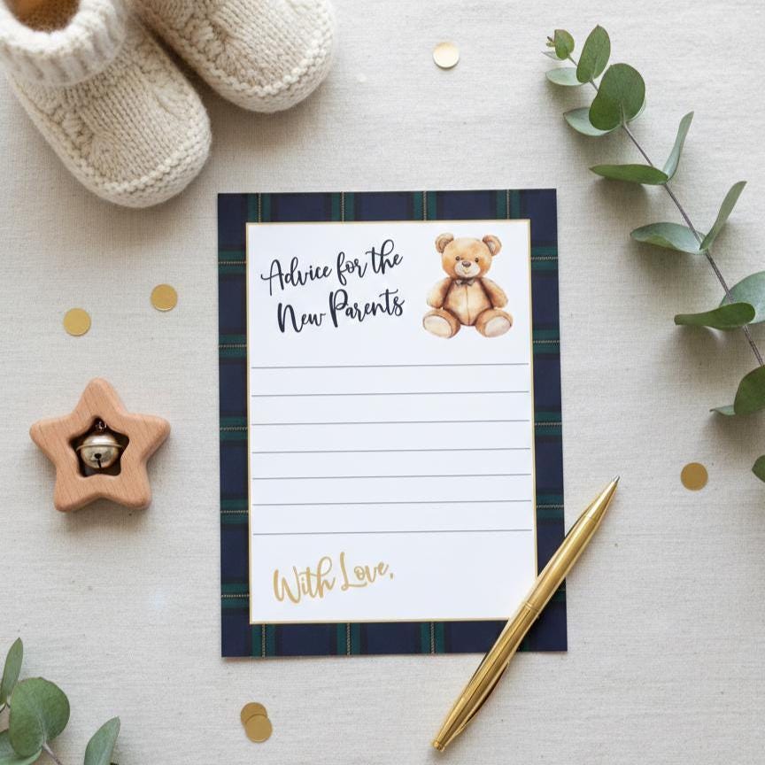 Teddy Bear Baby Shower Advice for New Parents Card, Preppy Tartan Plaid Wishes for Baby