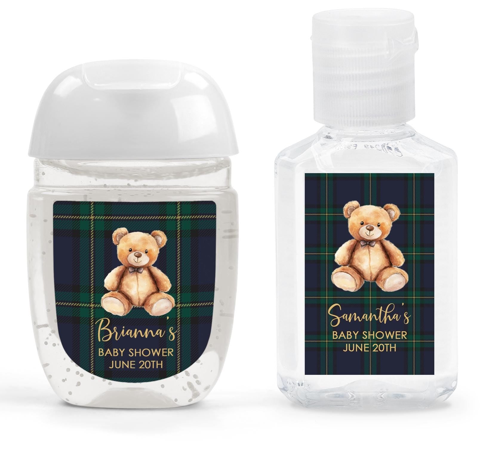 Teddy Bear Baby Shower Sanitizer Stickers, Blue Green Plaid Labels, Thank You Preppy Favors