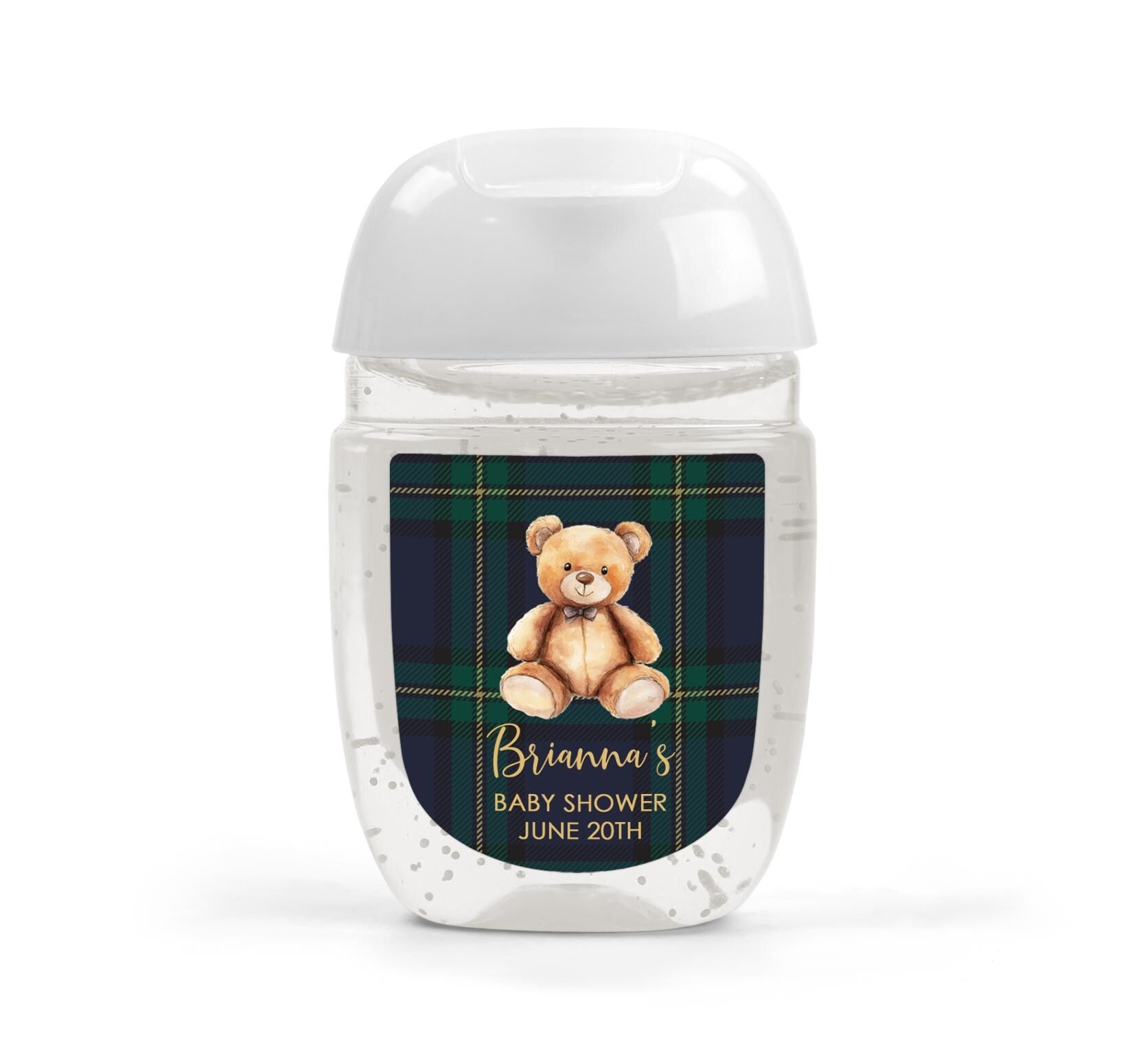 Teddy Bear Baby Shower Sanitizer Stickers, Blue Green Plaid Labels, Thank You Preppy Favors
