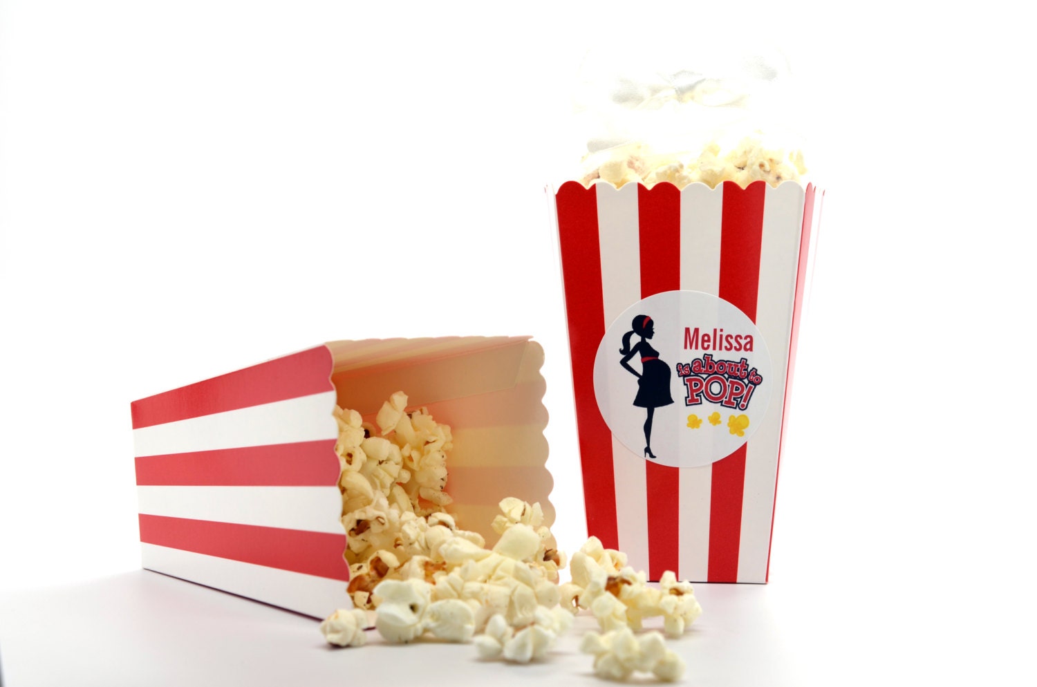 Personalized Baby Shower Popcorn Boxes - Red and White Stripes (Set of 12)
