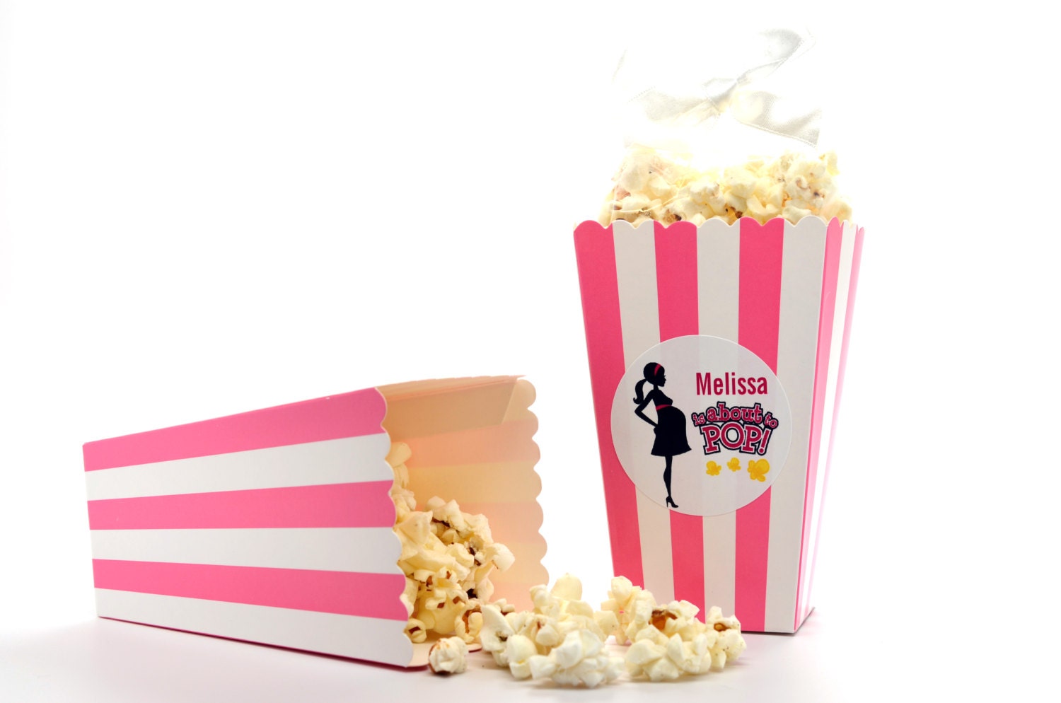 Personalized Pink Stripe Popcorn Boxes – Baby Shower Favors (Set of 12)