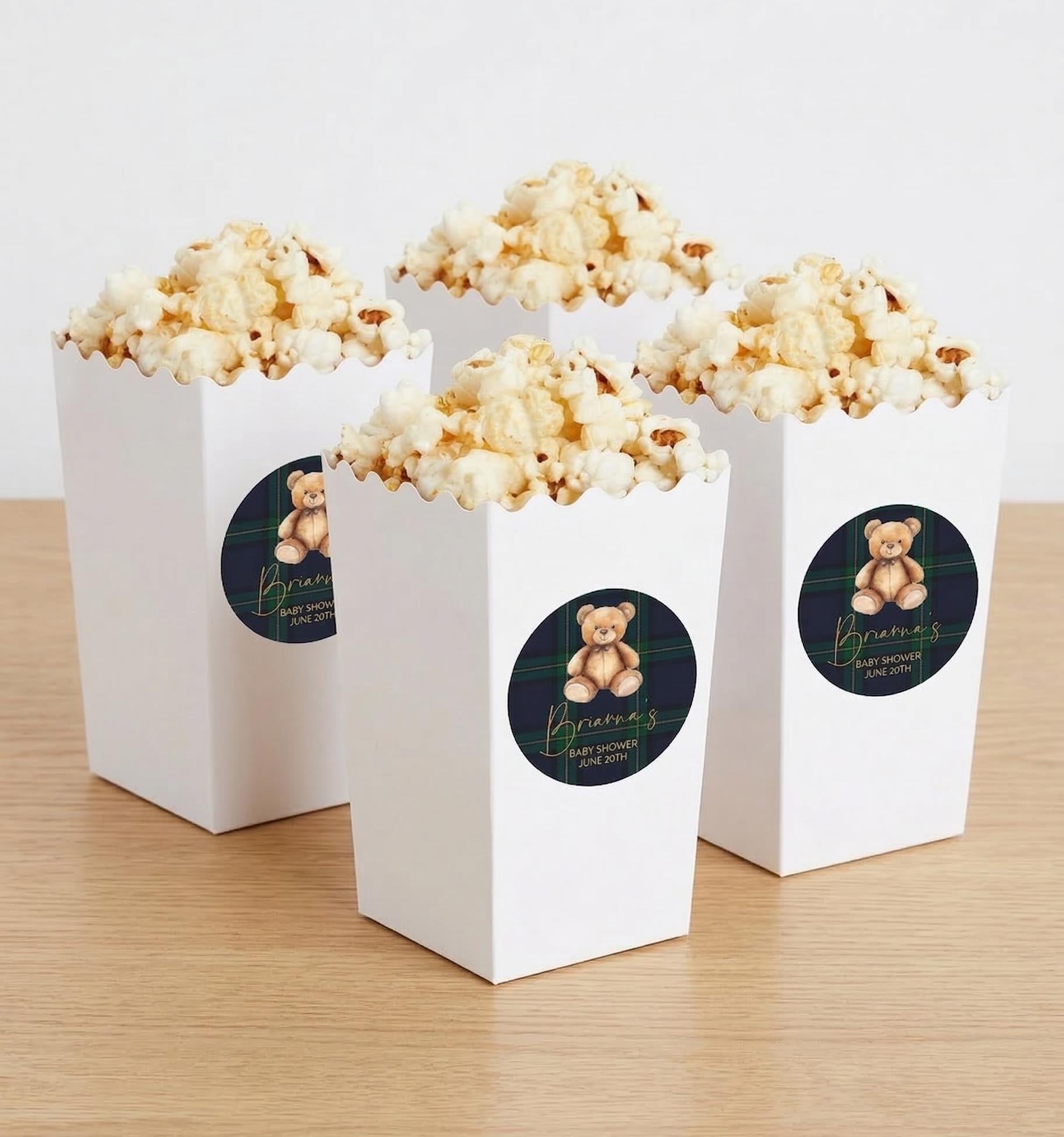 Teddy Bear Plaid Popcorn Favor Boxes, Personalized Treat Boxes, Baby Shower Favors - Set of 12