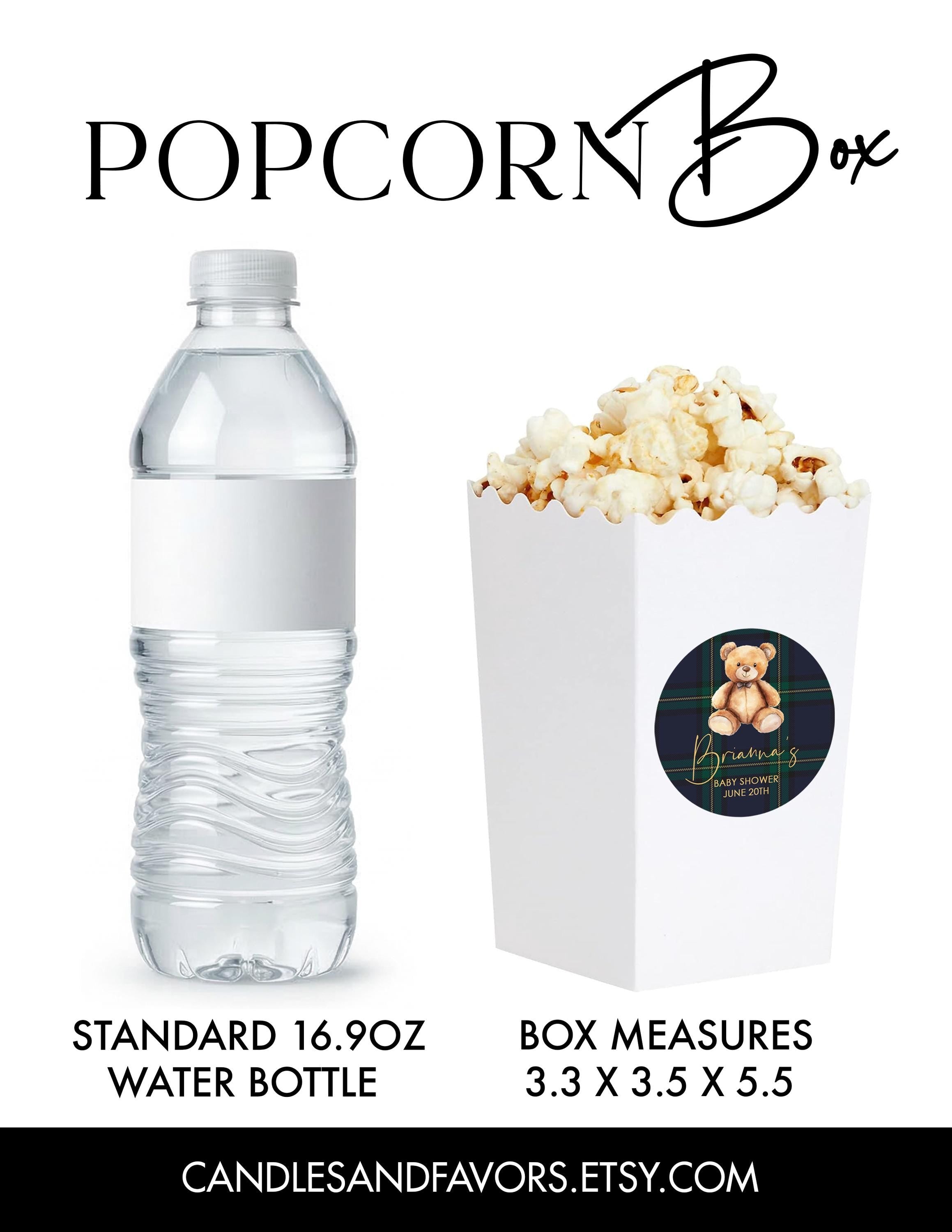 Teddy Bear Plaid Popcorn Favor Boxes, Personalized Treat Boxes, Baby Shower Favors - Set of 12